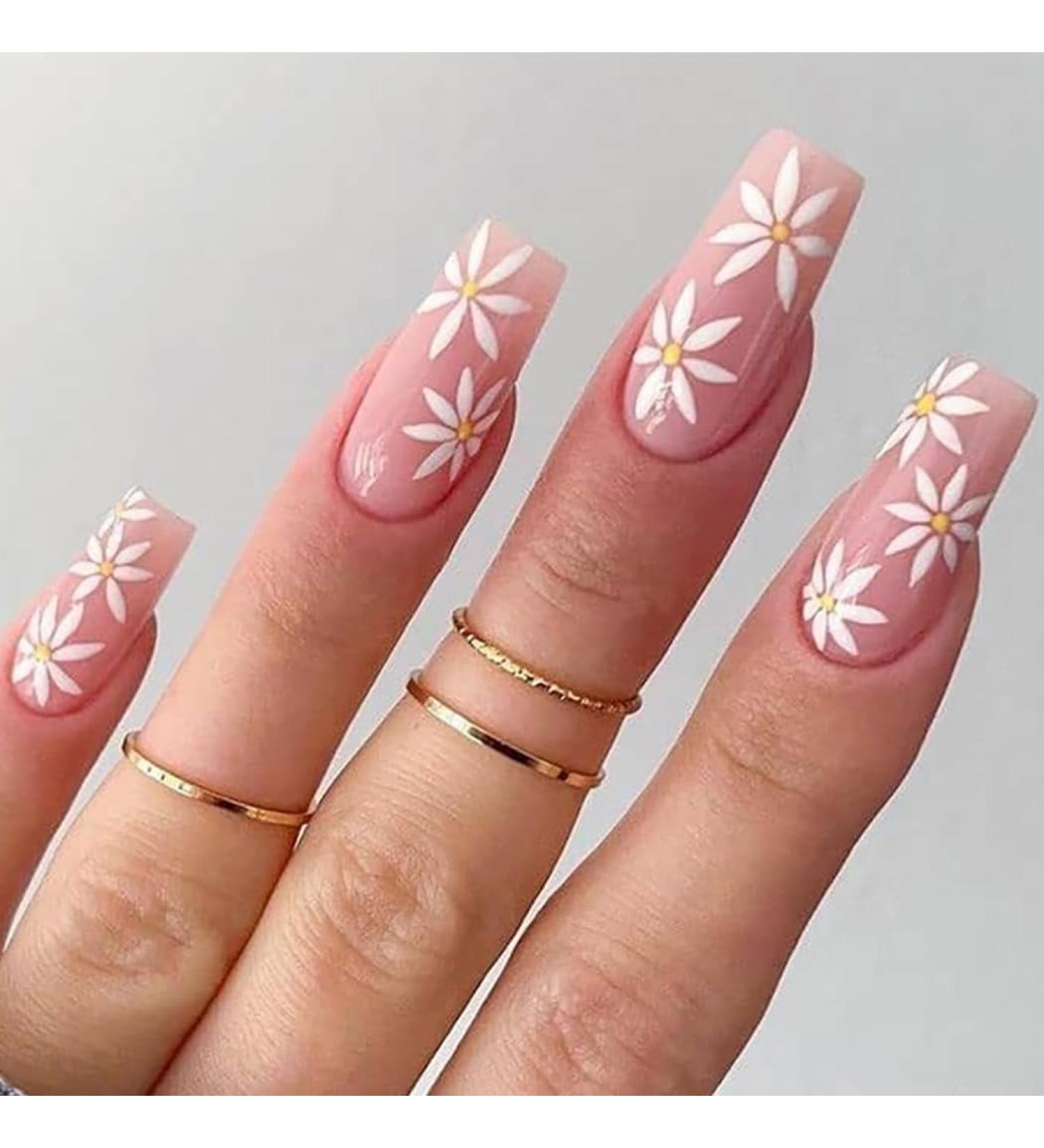 Coffin False Nails Long Fake Nails French Flowers Press on Nails Ballerina Acrylic Stick on Nails 24pcs for Women and Girls (Color : PINK Size : B) - Buy Online on GoSupps.com