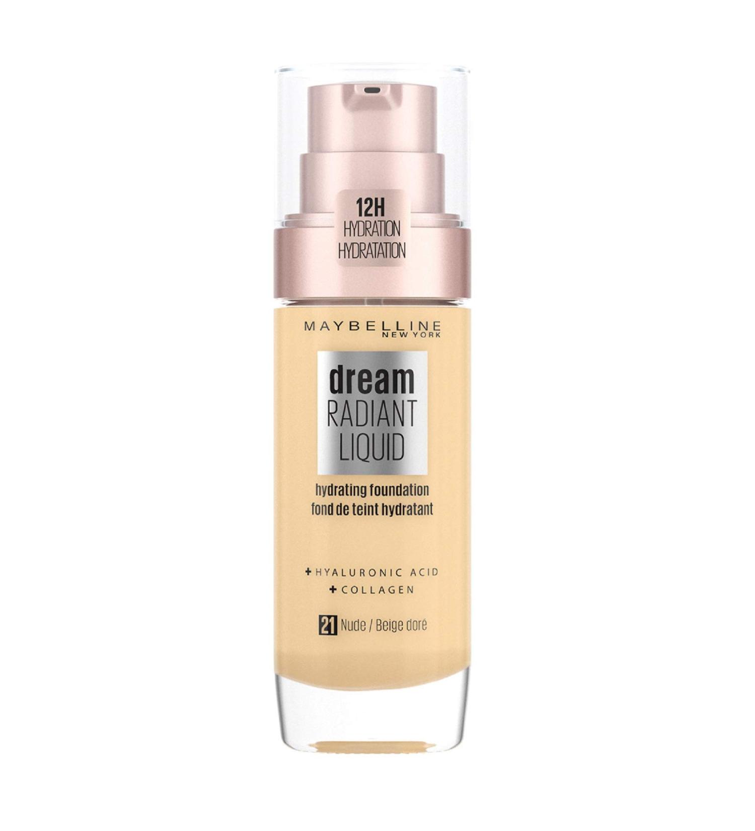 Maybelline Dream Radiant Liquid Hydrating Foundation 21 Nude | Hyaluronic Acid & Collagen | Lightweight Medium Coverage | 12-Hour Hydration - Buy Online on GoSupps.com