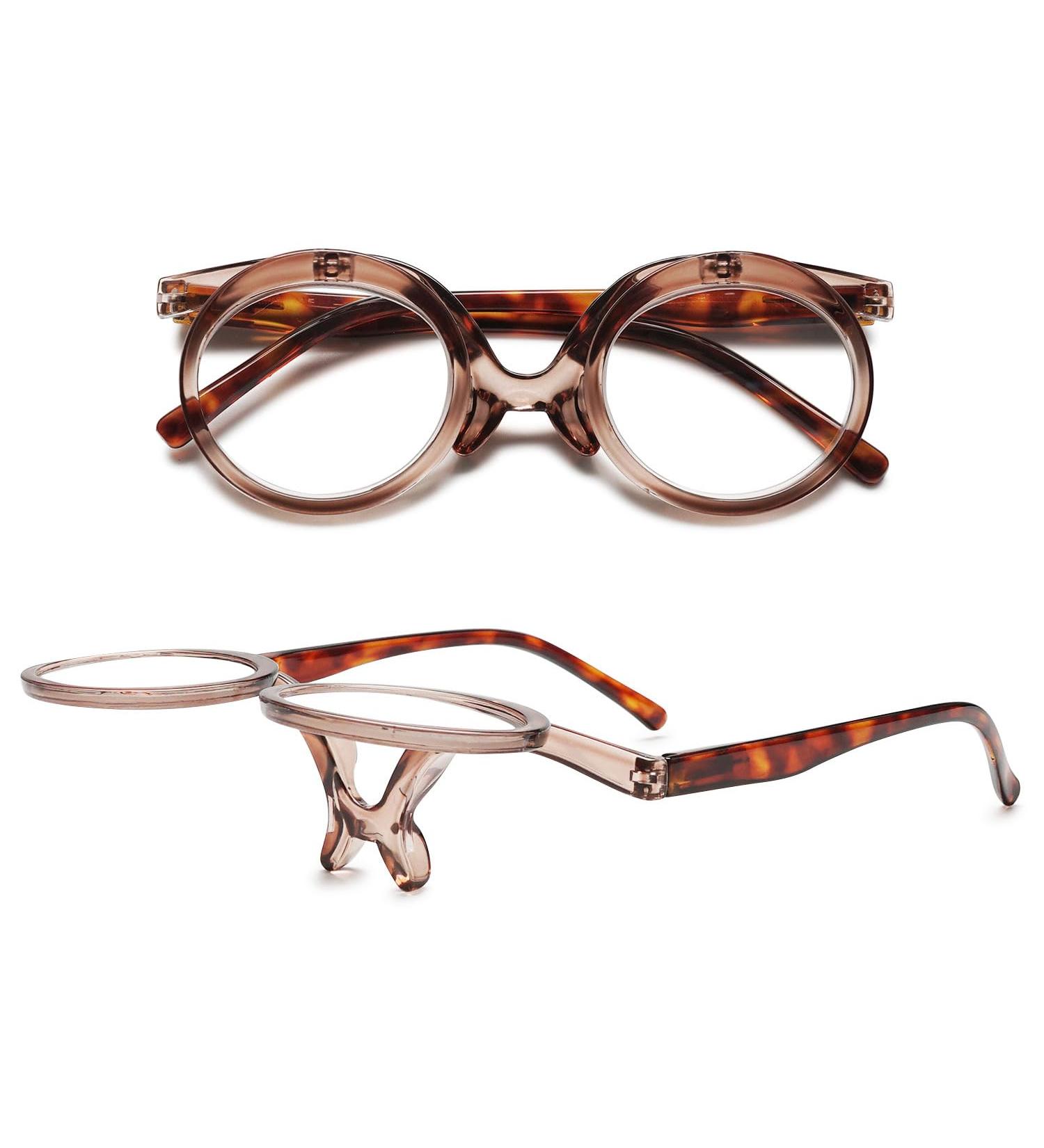 Vevesmundo Flip-Up Reading Glasses - Round Makeup Glasses with Foldable Lenses (+1.0 to +4.0) - Stylish Brown Design for Enhanced Vision - Buy Online on GoSupps.com