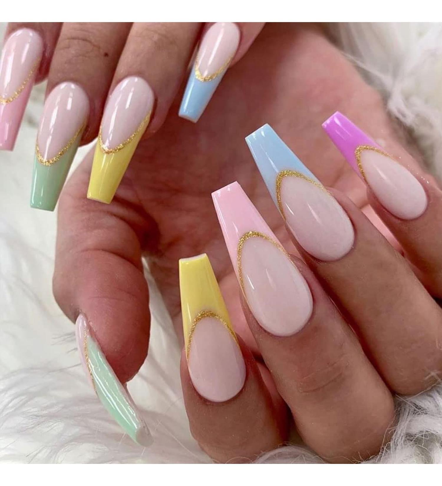 Vatocu Coffin False Nails - Long French Press On Nails Glitter Rainbow Art Ballerina Shape - 24 Pcs Acrylic Stick-On Nails for Women & Girls - Buy Online on GoSupps.com