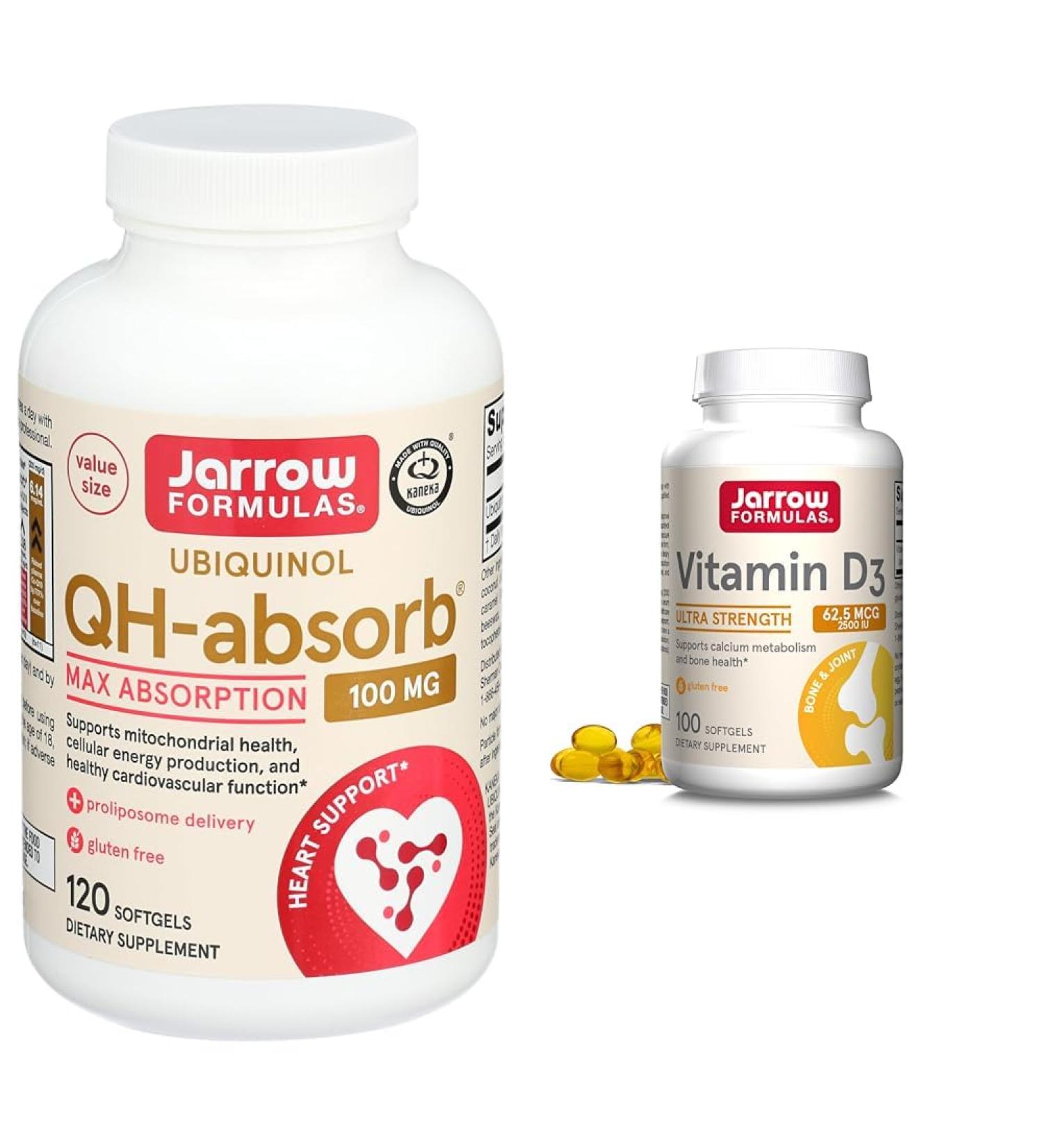 Jarrow Formulas QH-Absorb 100 mg Max Absorption - CoQ10 Ubiquinol & Vitamin D3 62.5 mcg (2 500 IU) - 100 Servings (Softgels) 120 Servings (Pack of 1) CoQ10 + Vitamin D3 62.5 mcg - Buy Online on GoSupps.com