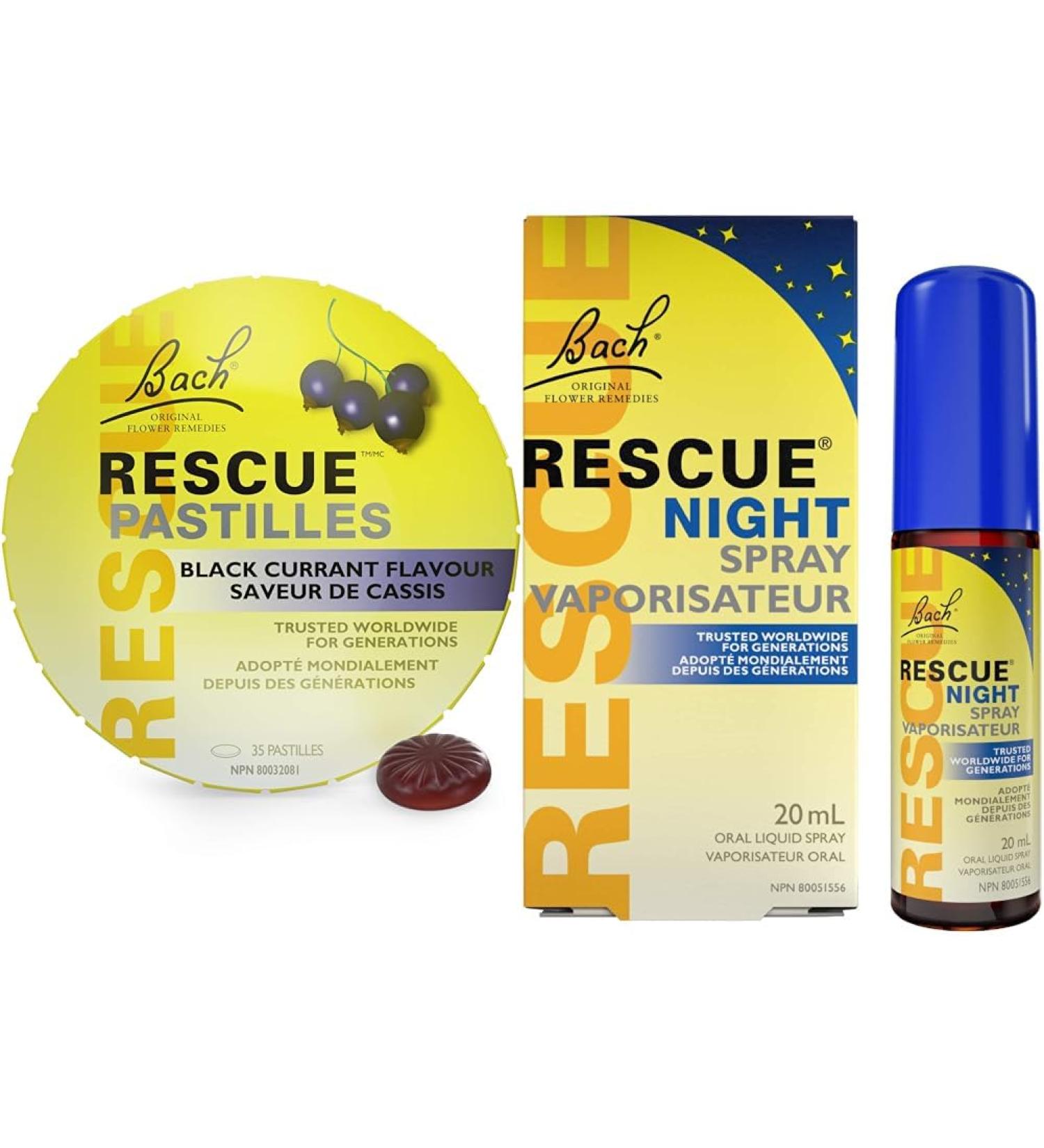 Rescue Remedy Bach RESCUE PASTILLES Black Currant Flavour Lozenges Natural Flower Essence & RESCUE NIGHT Spray Natural Flower Essence Vegan Gluten and Sugar-Free Vanilla 20mL - Buy Online on GoSupps.com