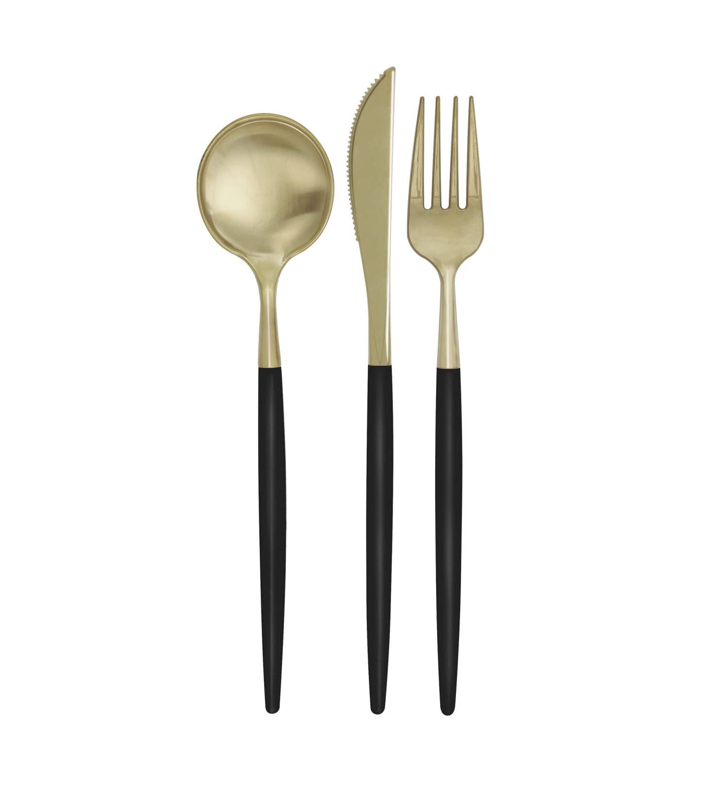 Unique 23956 Reusable Plastic Cutlery Set for 4 Guests-Black & Gold-12 Count (Pack of 1) Multicolour