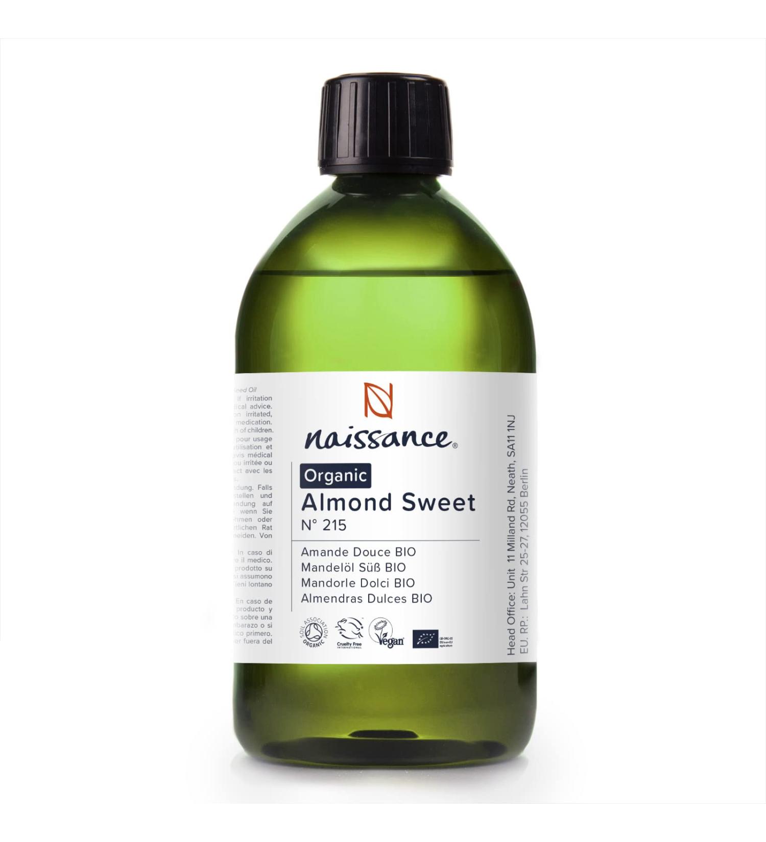 Naissance Certified Organic Sweet Almond Oil (no. 215) 450ml for Skin Hair Massage Nails Ears Face Body Stretch Marks - Natural Skin Care Cold Pressed Unrefined Carrier Oil Aromatherapy Odourless 450 ml (Pack of 1) - Buy Online on GoSupps.com