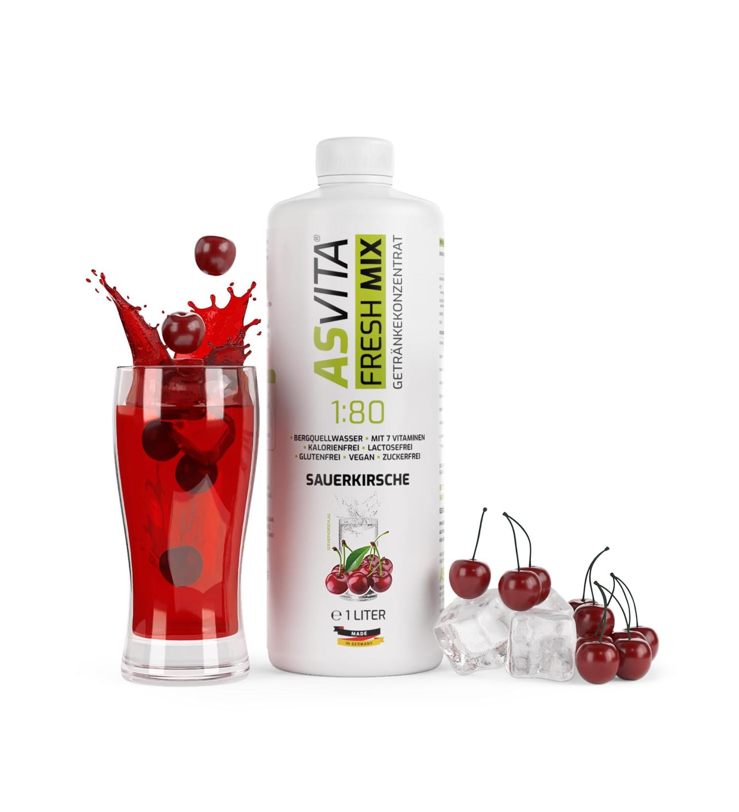 ASVITA Fresh Mix Beverage Concentrate - Sugar-Free Syrup in 26 Flavors (Sour Cherry) - 1 Liter Bottle | International Shipping Available - Buy Online on GoSupps.com
