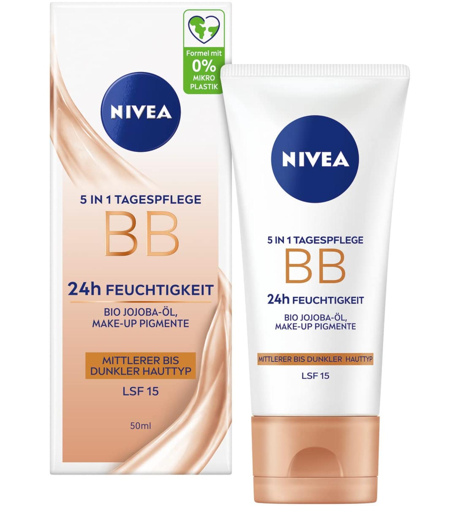 Nivea 5 in 1 Day Care BB Cream SPF 15 - Tinted Moisturizer for Medium to Dark Skin with Organic Jojoba Oil - 24H Hydration Face Cream - Buy Online on GoSupps.com