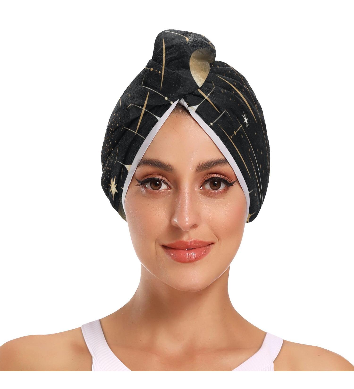 Super Absorbent Stars & Moons Black Hair Towels - Quick Dry Hair Turbans (2 Pack) | Perfect for Women & Girls - Buy Online on GoSupps.com