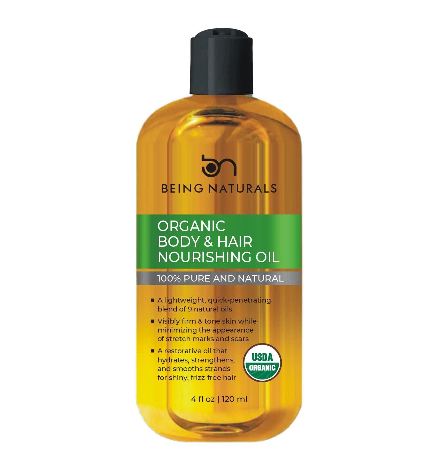 Being Naturals Organic Hair & Body Oil - Stretch Marks Dark Spots & Acne Scars Treatment with 9 Essential Oils - Firm & Tone Skin Moisturizer - 4 fl oz - Buy Online on GoSupps.com