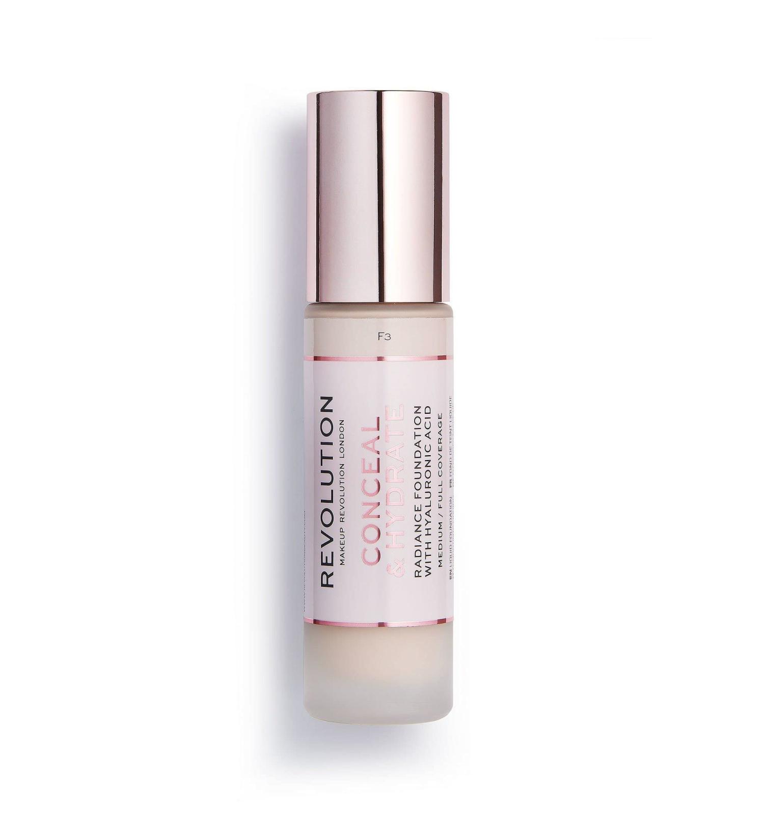 Makeup Revolution Conceal & Hydrate Foundation F3 23ml - Hyaluronic Acid, Vegan & Cruelty Free - Buy Online on GoSupps.com