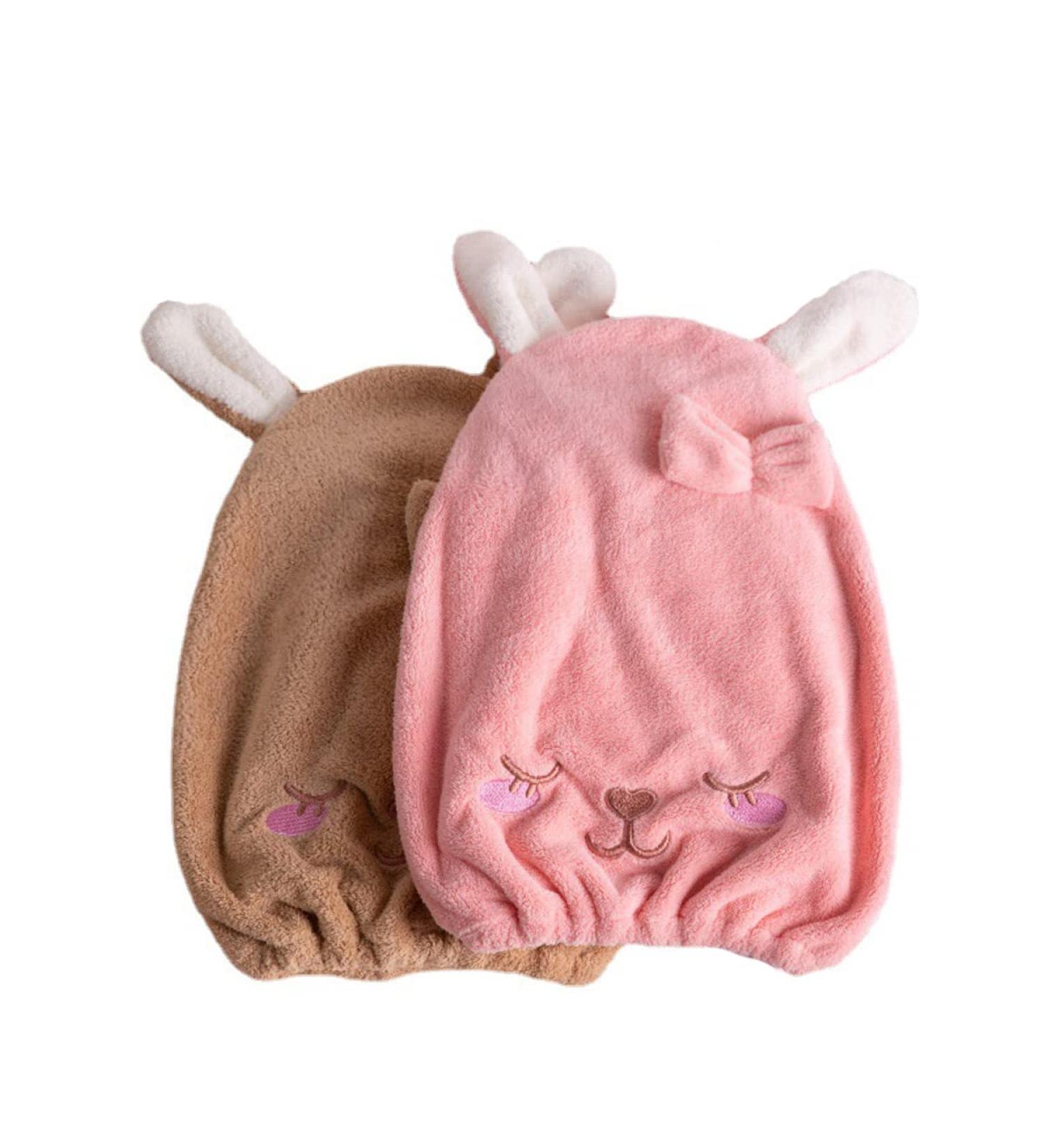 2-Piece Cute Rabbit Microfiber Hair Towel Set | Quick Drying Soft Hair Turbans in Brown & Pink | Absorbent Bath Hat for Women - Buy Online on GoSupps.com