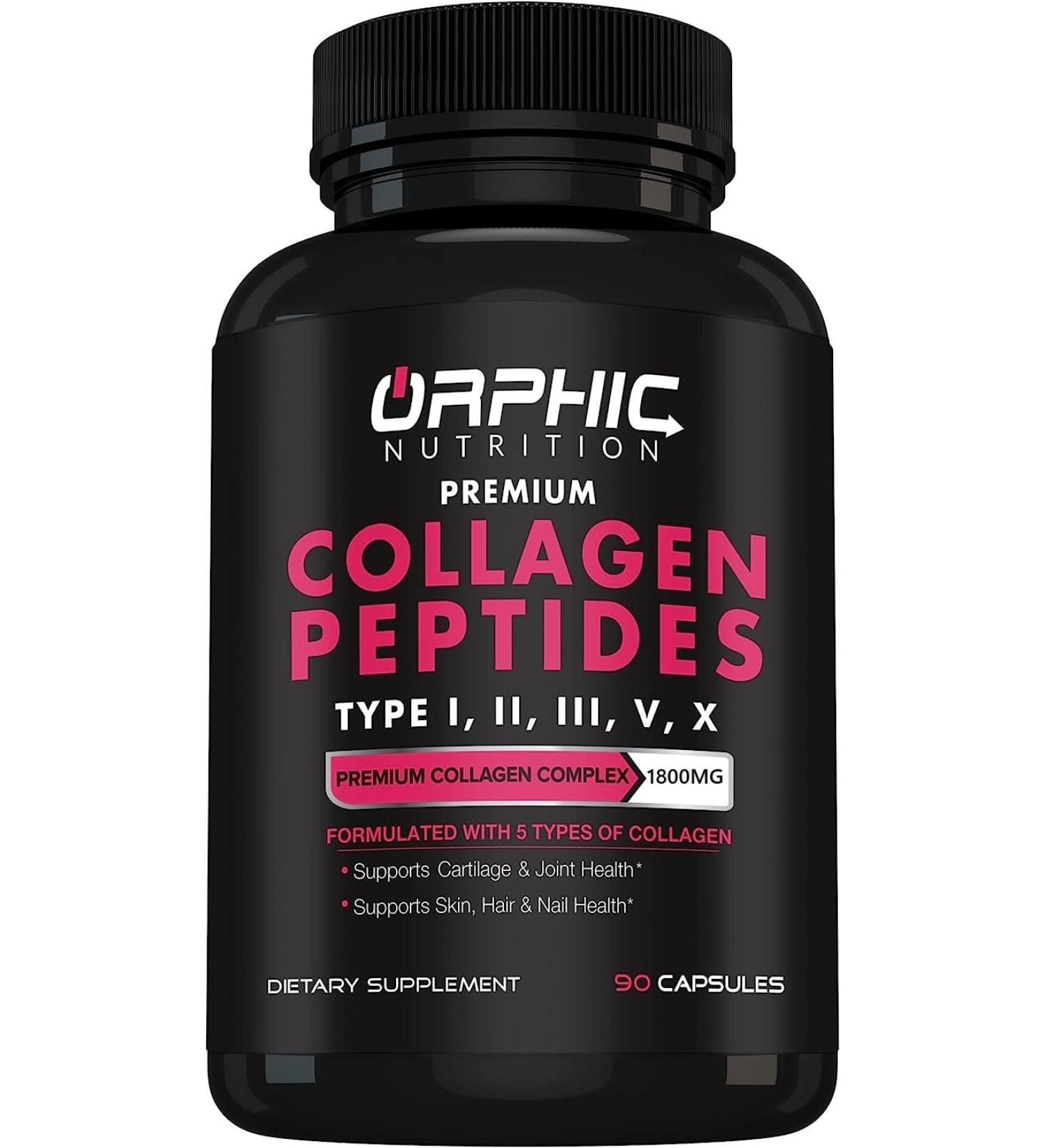 ORPHIC NUTRITION Collagen Peptides Capsules for Women 1800mg Multi Collagen Pills Types I II III V X - Supports Digestive Health Maintaining Strong Joints Tendons Ligaments and Muscles* 90 Caps - Buy Online on GoSupps.com