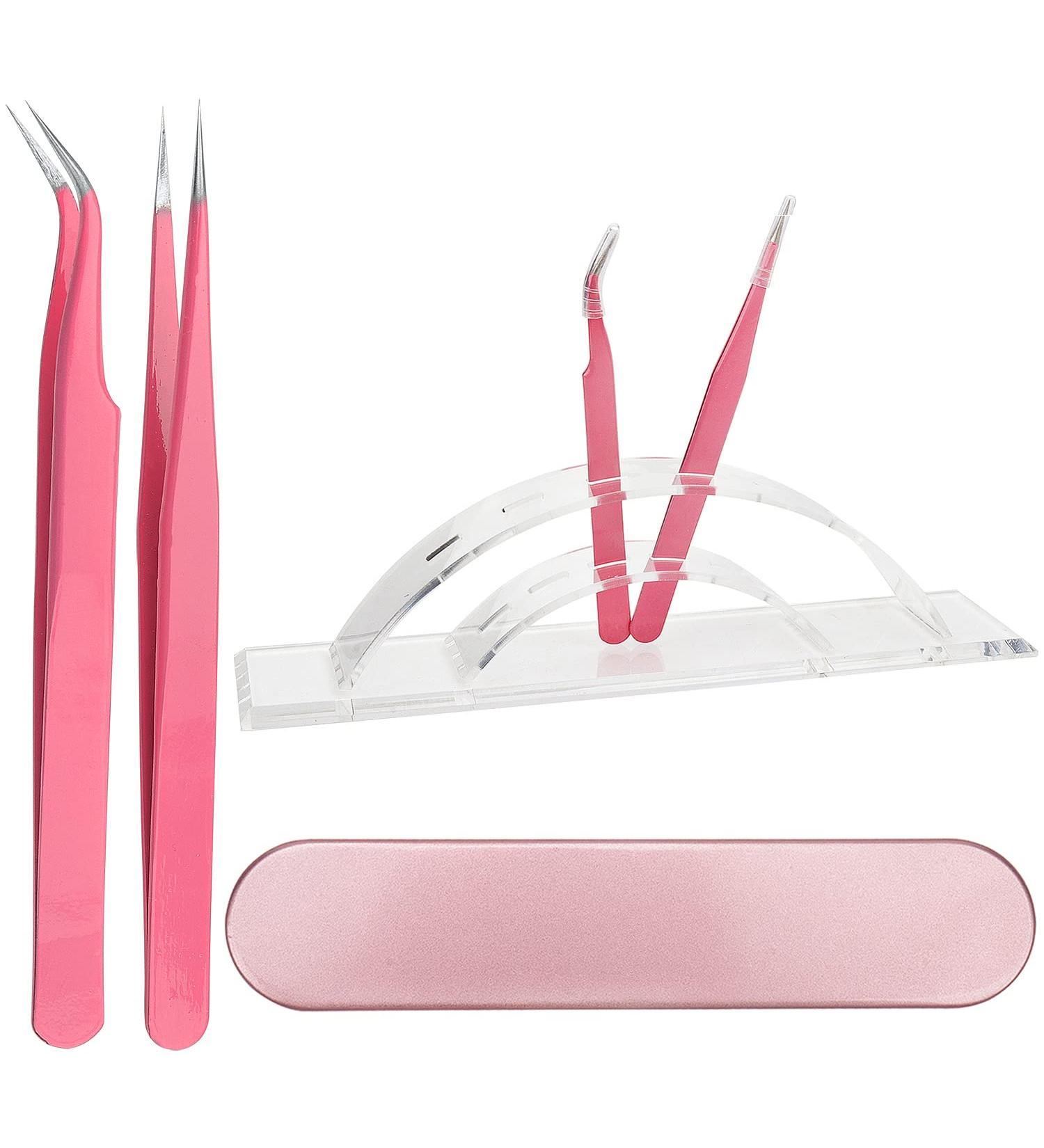 Professional Pink Eyelash Extension Tweezers Kit with Storage Case - Includes 2 Black Tweezers and Display Stand for Makeup Artists - Buy Online on GoSupps.com