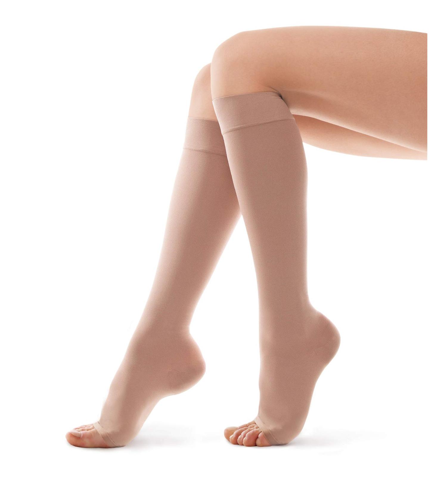 Unisex Open Toe Compression Stockings - High Knee 2nd Class (23-32 mmHg) | Medical Support for Men & Women | Beige Small - Buy Online on GoSupps.com