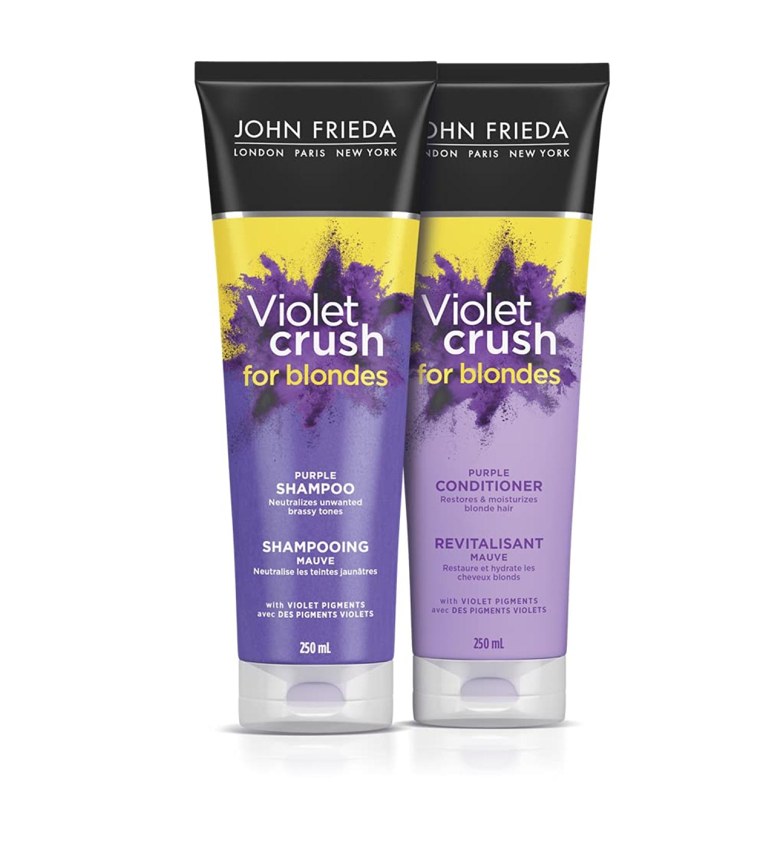 John Frieda Violet Crush for Blondes Brass Fighting Duo Shampoo + Conditioner Set with crushed violet pigments for Brass Toning of natural colour-treated and platinum blonde hair | Neutralizes Brassiness and Yellow tones | Cool tone blonde | Intense Purpl - Buy Online on GoSupps.com