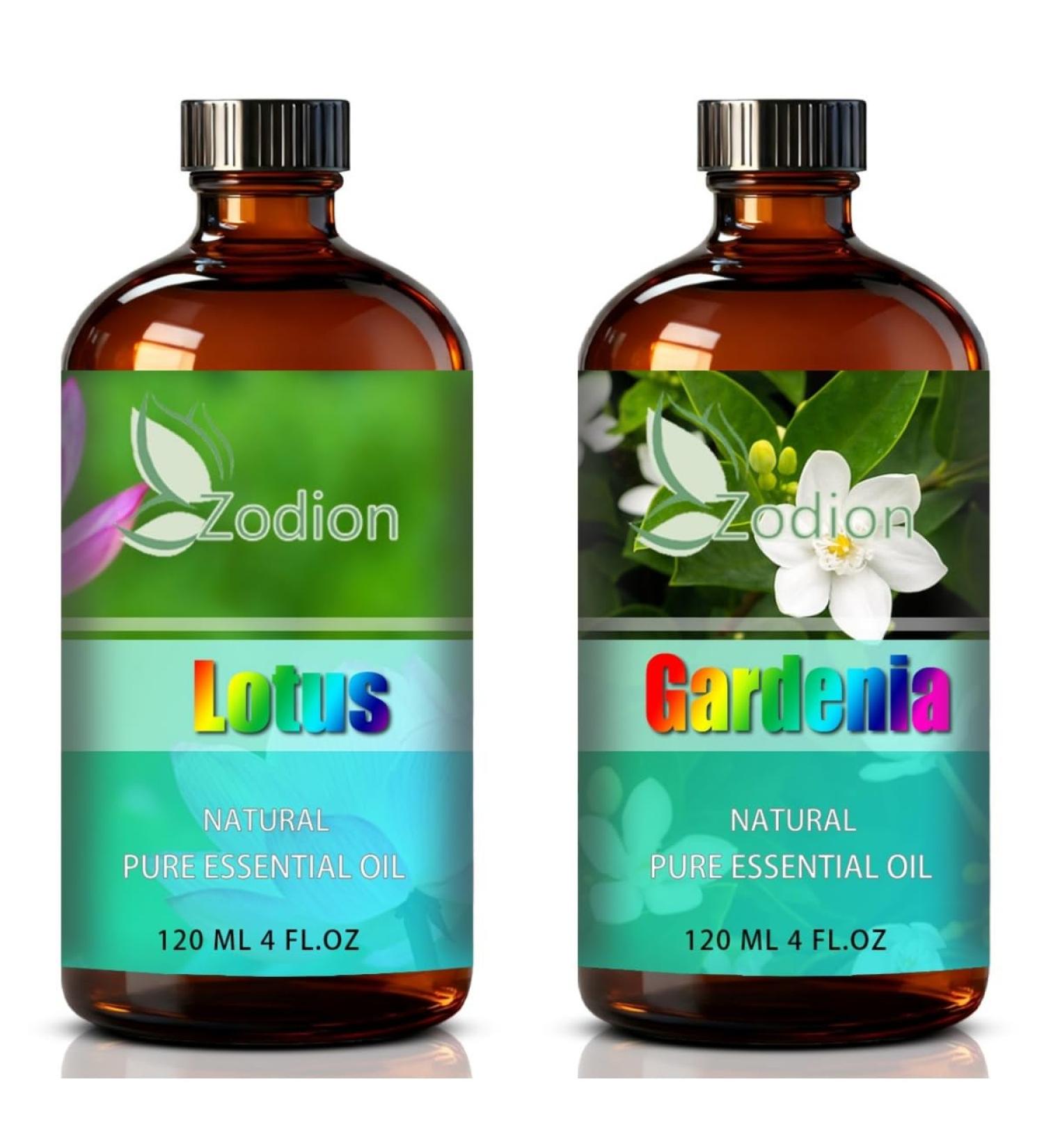 Gardenia Essential Oil 4 Fl Oz and Lotus Essential Oil 4 Fl Oz - ZODION Gardenia & Lotus Oil for Diffuser Aromatherapy Home Fragrance Skin & Hair Care DIY Candle & Soap Making Yoga - Buy Online on GoSupps.com