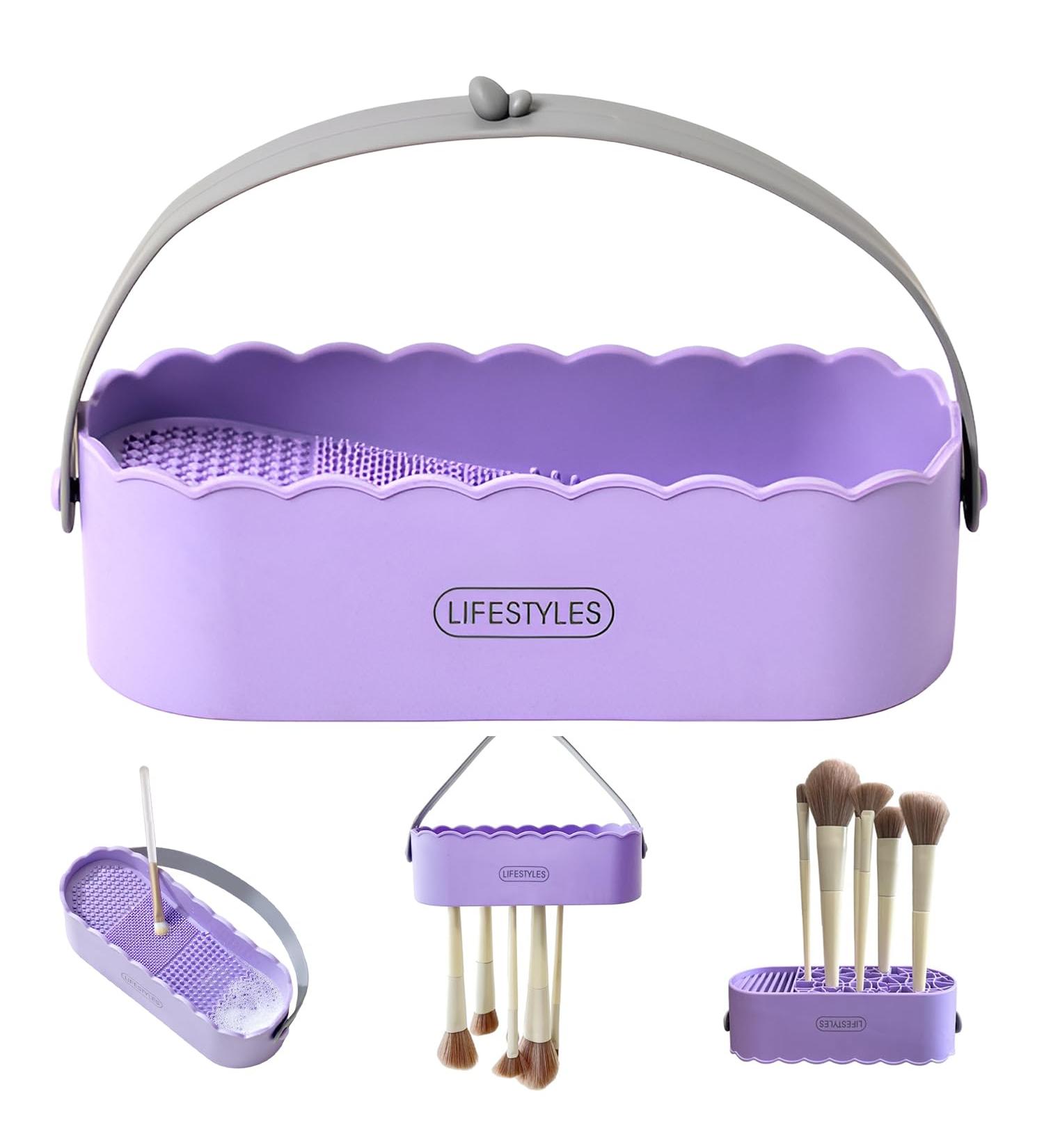 Buy 3 in 1 Silicone Makeup Brush Cleaner Bowl with Drying Holder - Simple Purple | International Shipping - Buy Online on GoSupps.com