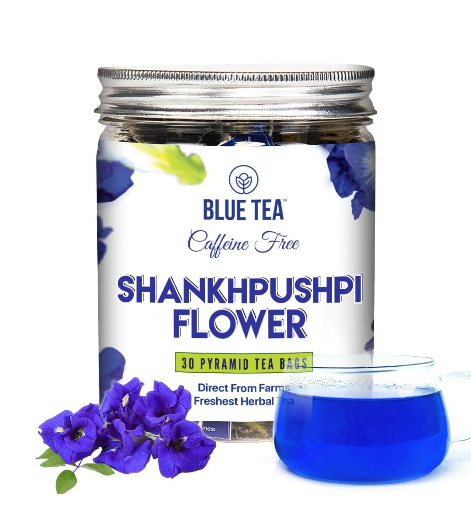 BLUE TEA - Shankhpushpi Flower - 30 Pyramid Tea Bags | For Food Iced Tea Cooler Cocktails Mocktails | Caffeine Free Herbal Tea l Gluten Free NON-GMO|Premium Pet Jar| - Buy Online on GoSupps.com