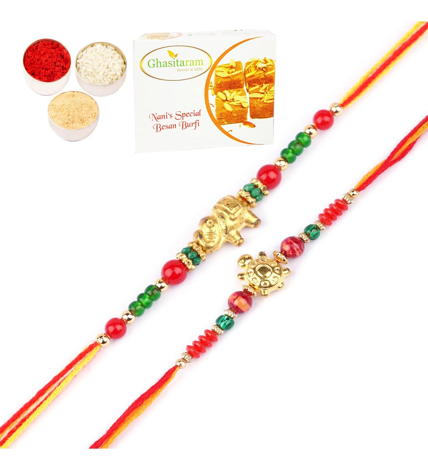 Ghasitaram Gifts Rakhi for Brother Rakhis Online - Set of 2-6043 and 6059 Rakhi Threads with 200 GMS of Besan Barfi - Buy Online on GoSupps.com