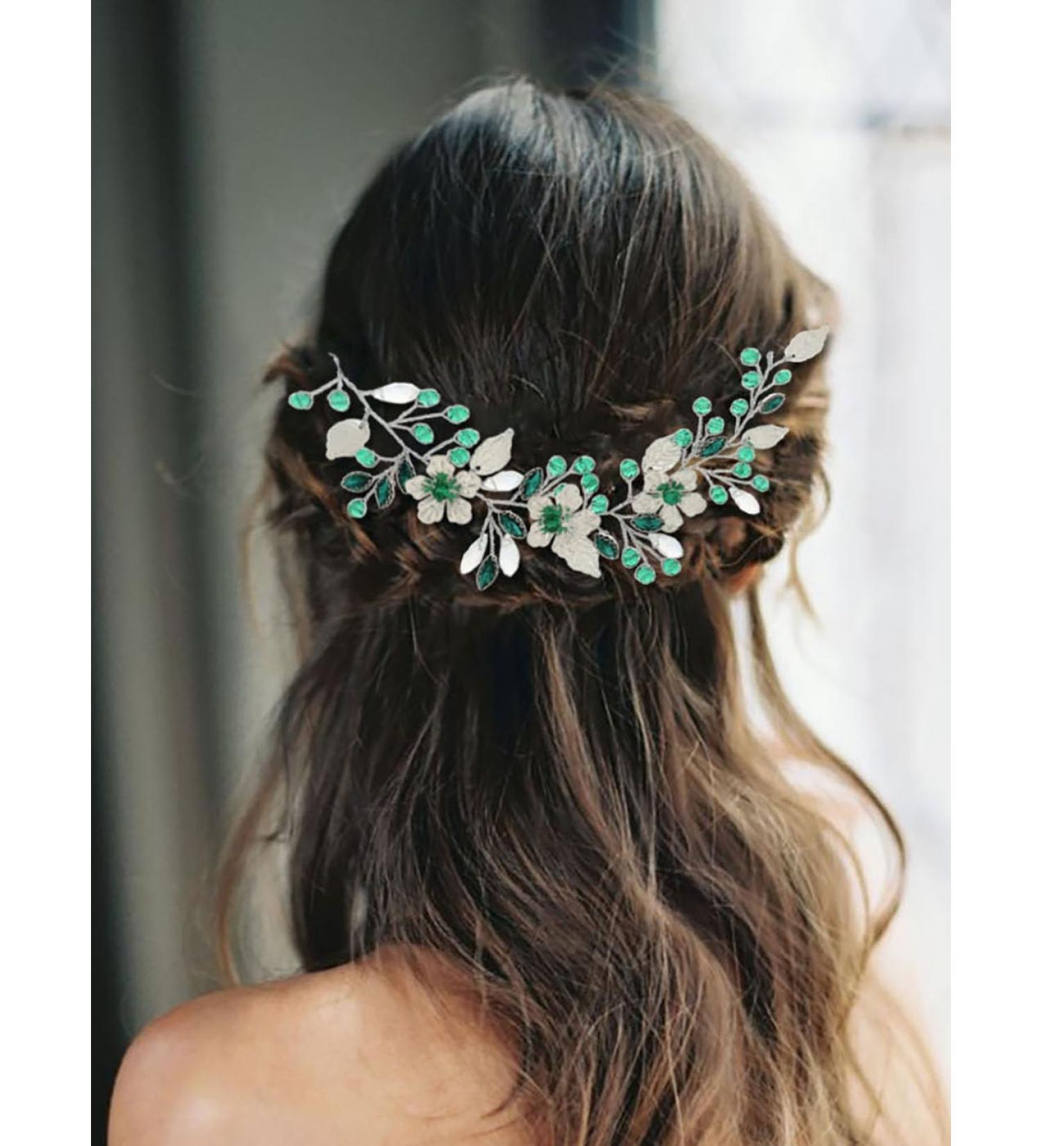 IYOU Rhinestone Bridal Hair Vine Green Flower Wedding Headband Party Bridesmaid Hair Accessories for Women - Buy Online on GoSupps.com