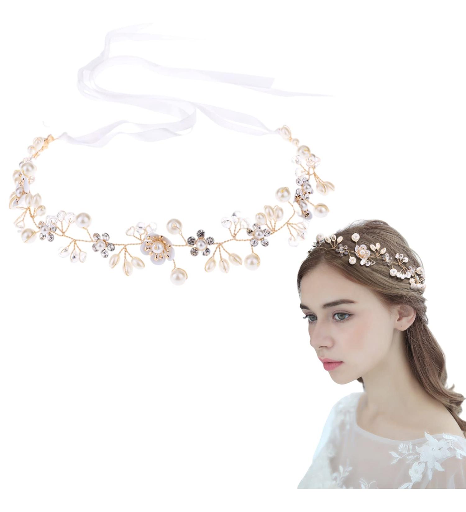 Gold Bridal Headband - Romantic Pearl & Crystal Wedding Hair Accessories with Rhinestones | Vintage Bride Hair Jewelry - Buy Online on GoSupps.com