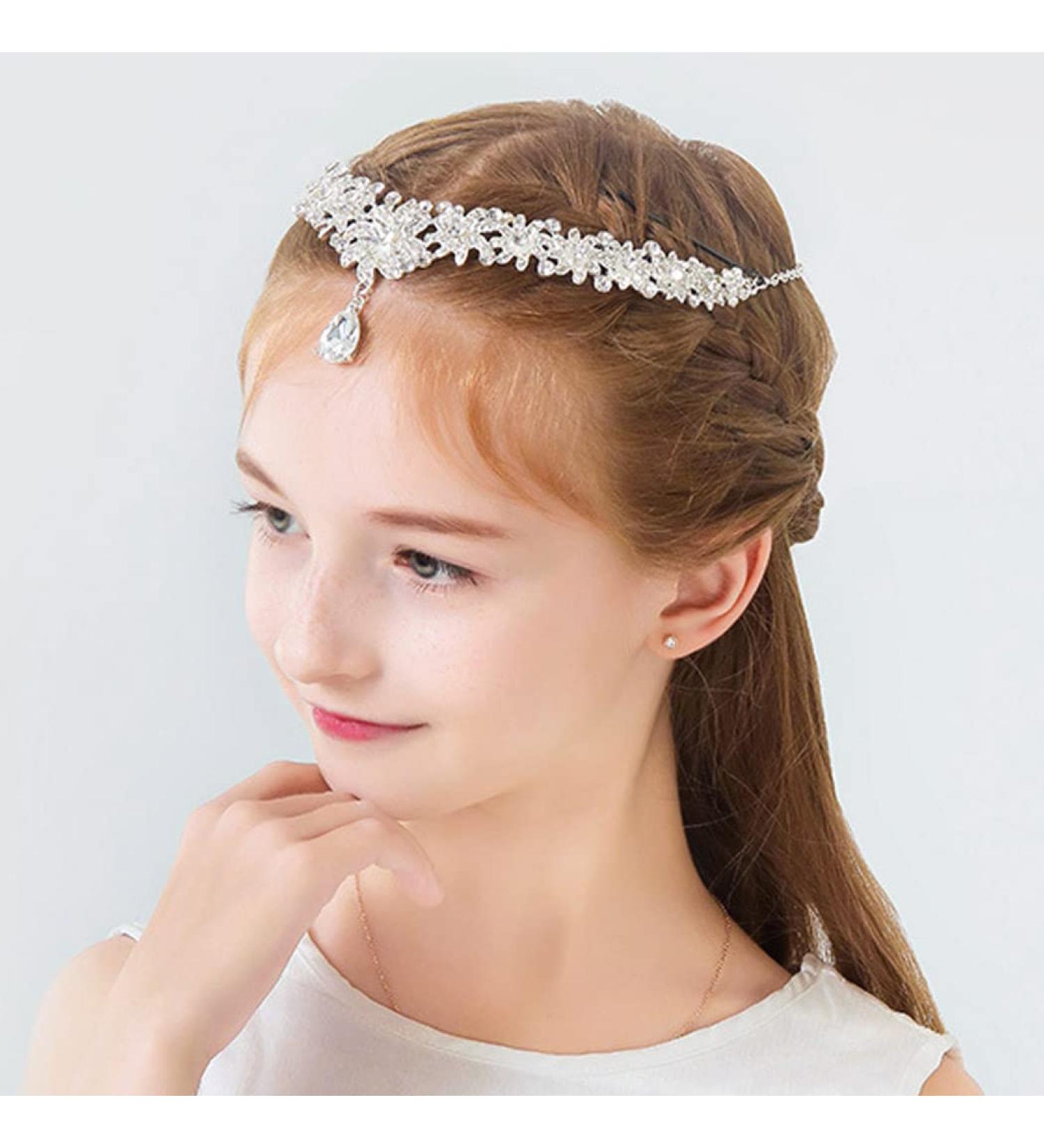 IYOU Girl Wedding Headpiece Silver Rhinestone Pendant Forehead Headband Princess Communion Hair Accessories for Flower Girls - Buy Online on GoSupps.com