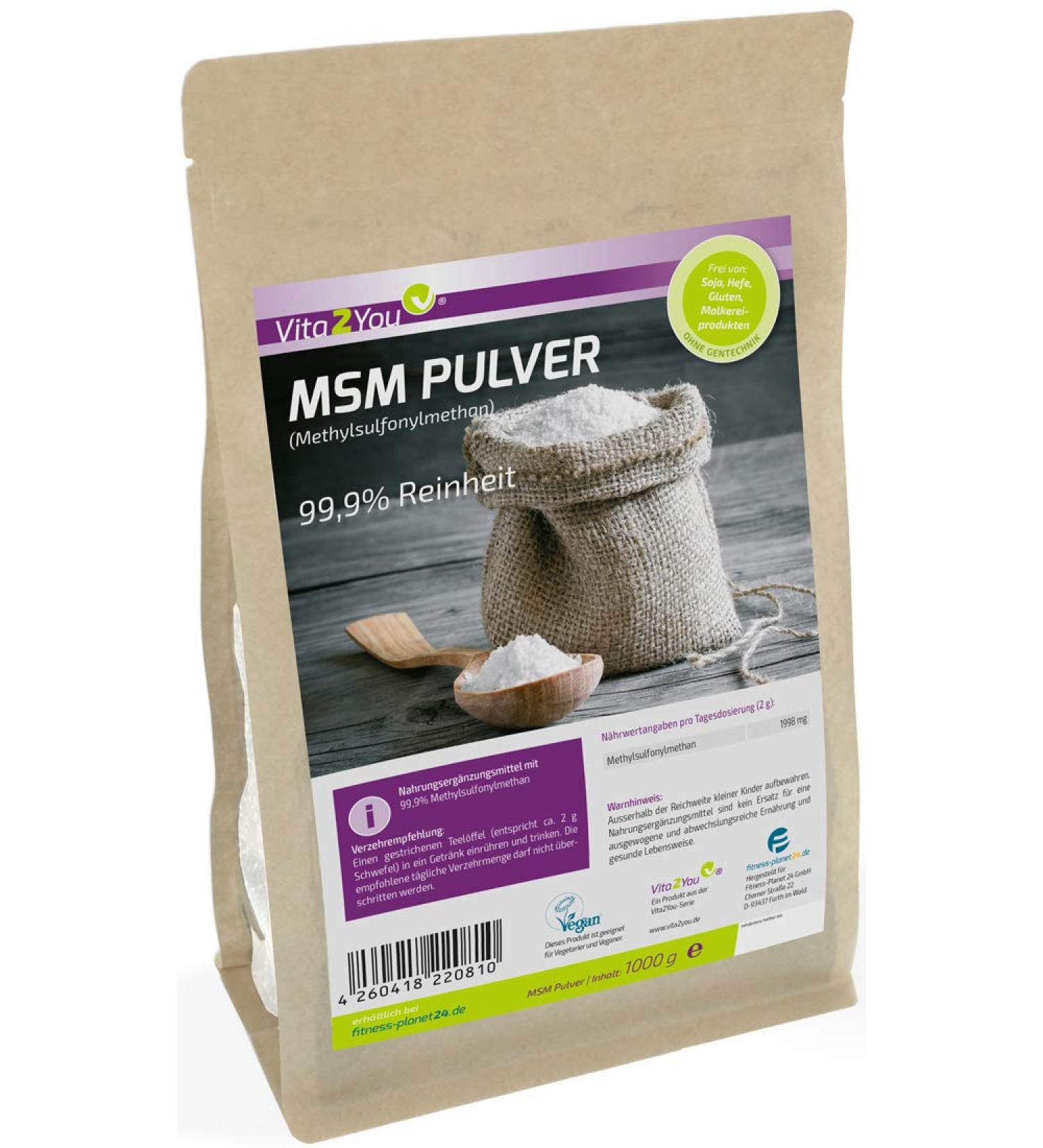 Vita2You MSM Powder 1000g - 99.9% Pure Methylsulfonylmethane - Organic Sulfur Supplement - Premium Quality for Optimal Health - Buy Online on GoSupps.com