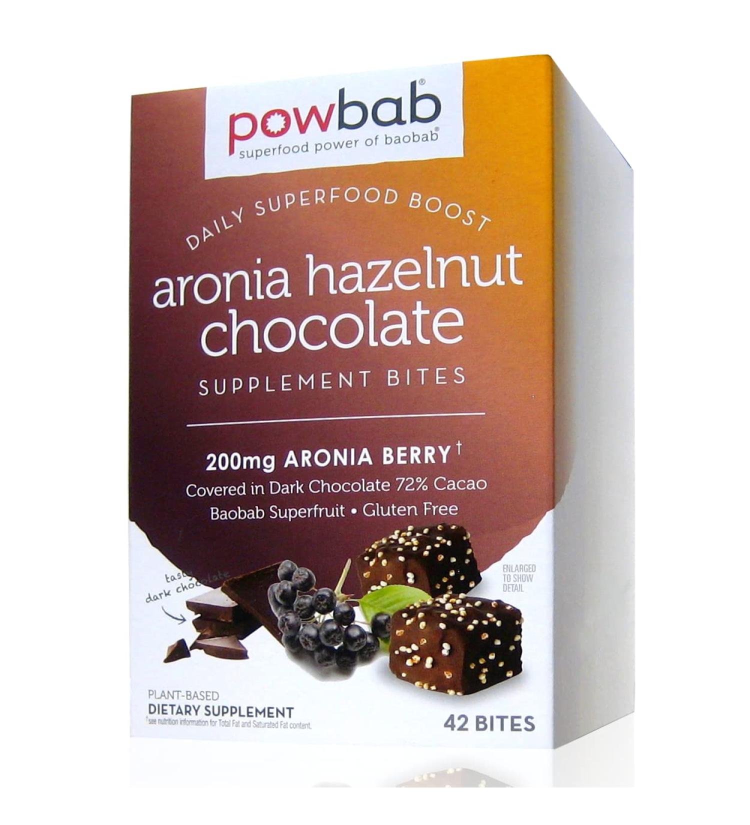 powbab Aronia Hazelnut Chocolate Bites - Organic Aronia Berry. 33% Less Sugar. Organic Dark Chocolate 72% Cacao Fair Trade. Immune Support Vitamin C Baobab. Gluten Free Cookies (42 count) Aronia Hazelnut Chocolate 42 count  - Buy Online on GoSupps.com