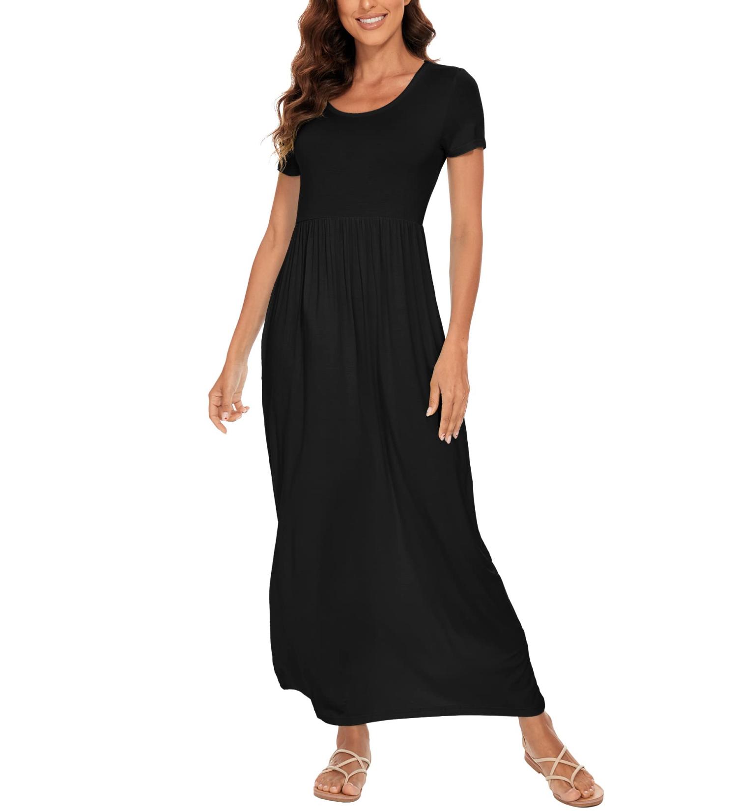 YUNDAI Women's Floral Maxi Maternity Dress with Pocket - Short Sleeve (S, Black) - Buy Online on GoSupps.com