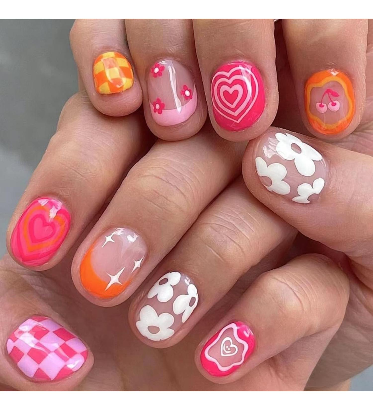Buy Pink Press On Nails | Rainbow Flower French Tips | 24Pcs Summer Acrylic Stick On Nails for Women & Girls - Buy Online on GoSupps.com