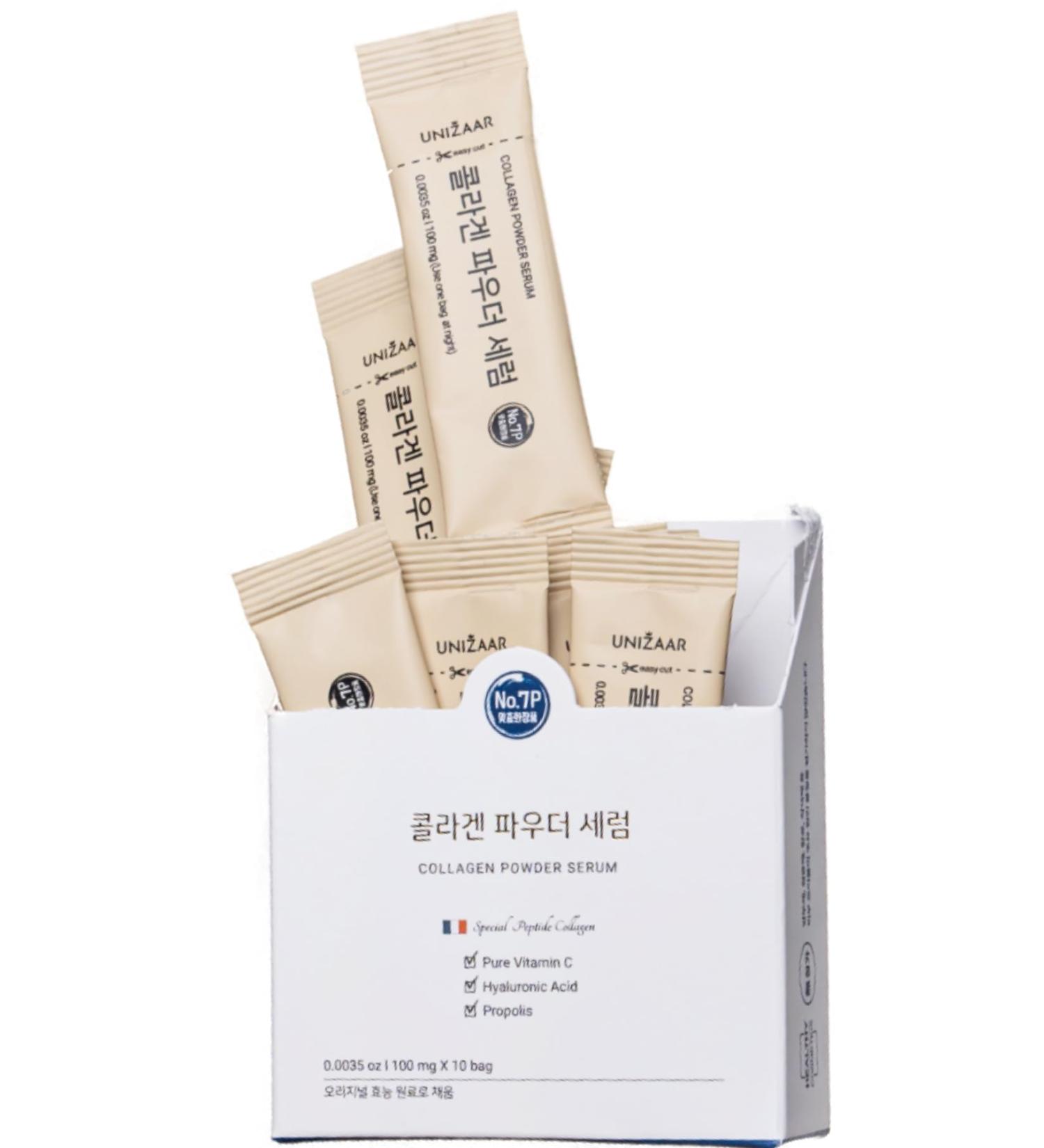 Unizaar Collagen Powder Serum - 100mg*10 | Transform Your Cream with Luxe French Collagen & Vitamin C | Potent Korean Skin Care with Hyaluronic Acid - Buy Online on GoSupps.com