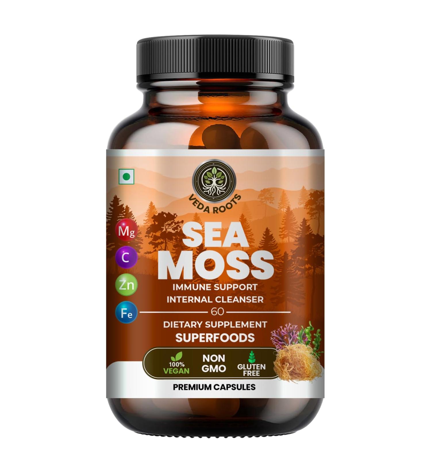 Veda Roots Sea Moss Capsules with Burdock Root Bladderwrack & Muira Puama support immunity gut health & energy. Made with raw Irish sea moss powder-120 nutrient-rich superfood capsules-60 Capsules - Buy Online on GoSupps.com