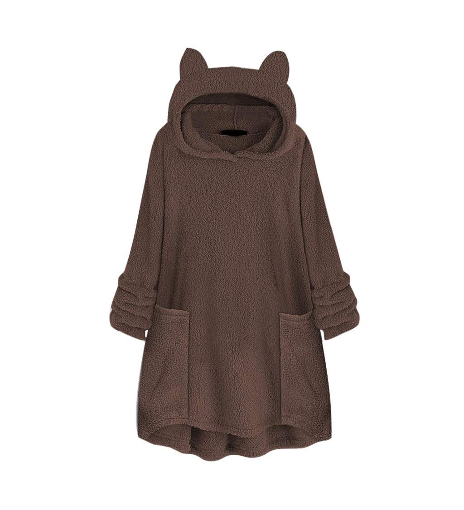 Bigfanshu Womans Tops Fleece Cat Ear Plus Size Long Sleeve Hoodie Pocket Top Sweater Blouse Coffee - Buy Online on GoSupps.com
