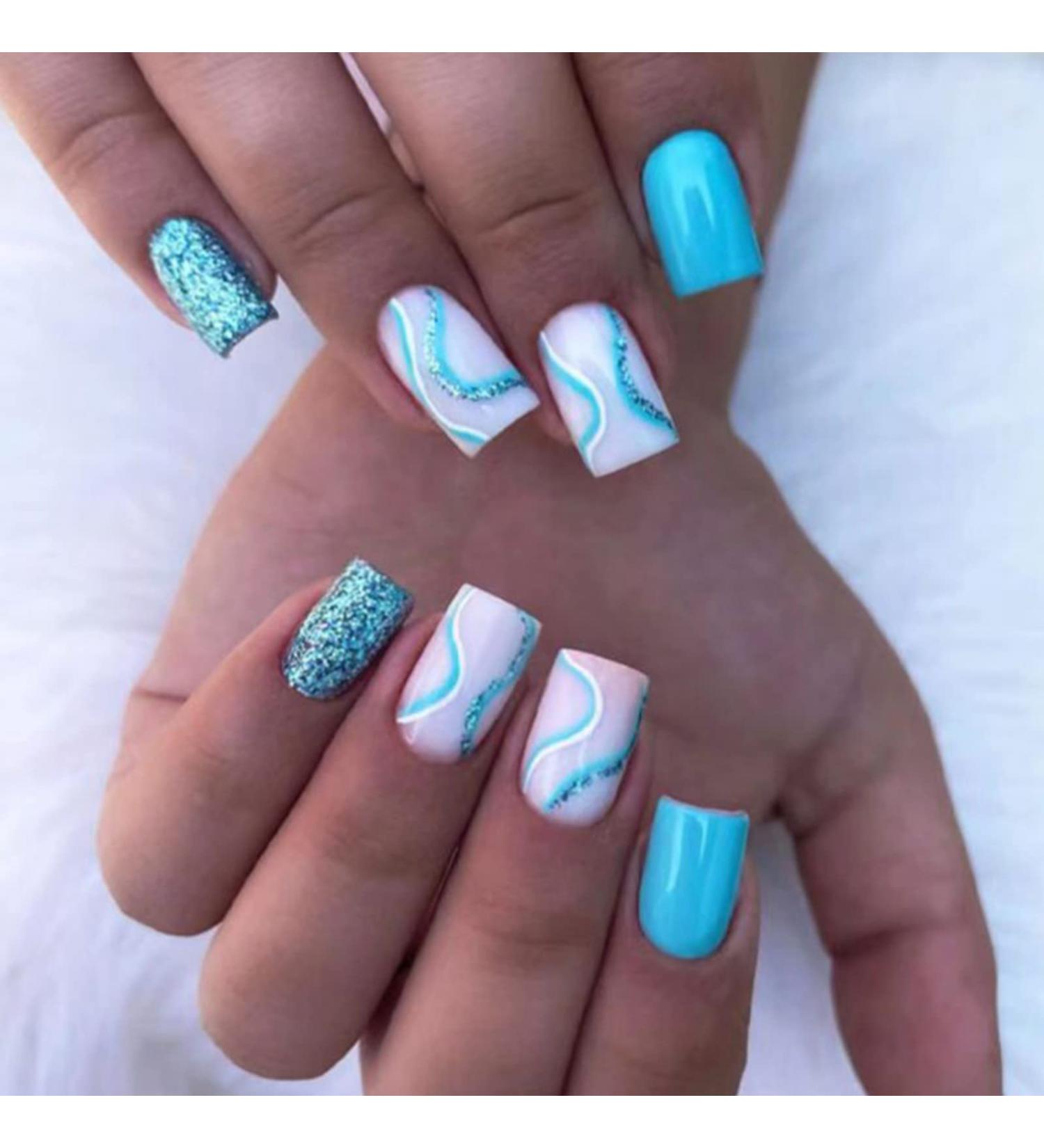 Justotry Glitter Striped Aqua Blue Square False Nails - 24 Pcs Short Fake Nails with Nail Glue | Squoval Nails for Women - Buy Online on GoSupps.com