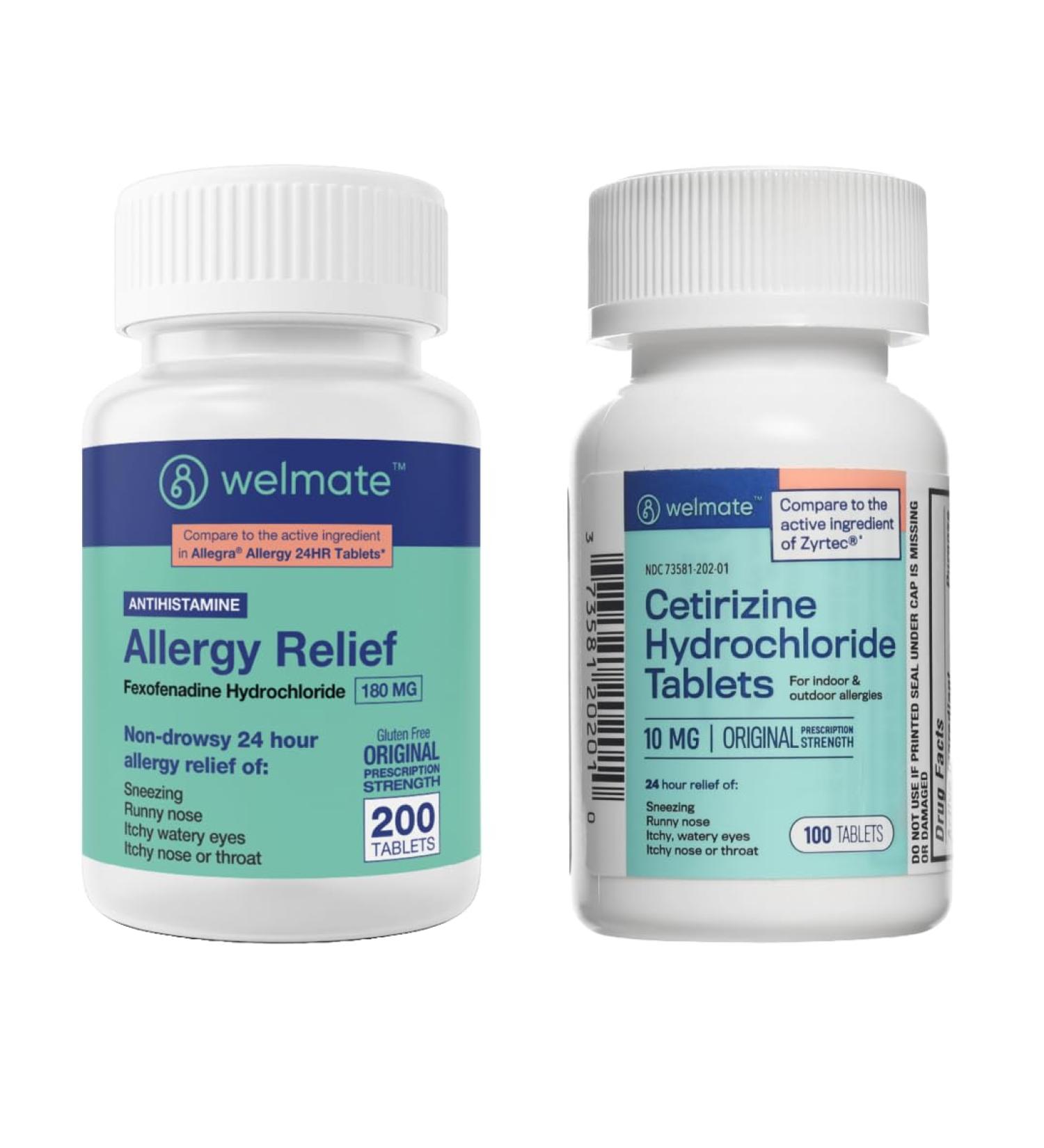 WELMATE Ultimate Allergy Relief Duo: Fexofenadine HCl 180mg (200 Ct) & Cetirizine HCl 10mg (100 Ct) | Dual-Action 24hr Allergy Support - Buy Online on GoSupps.com