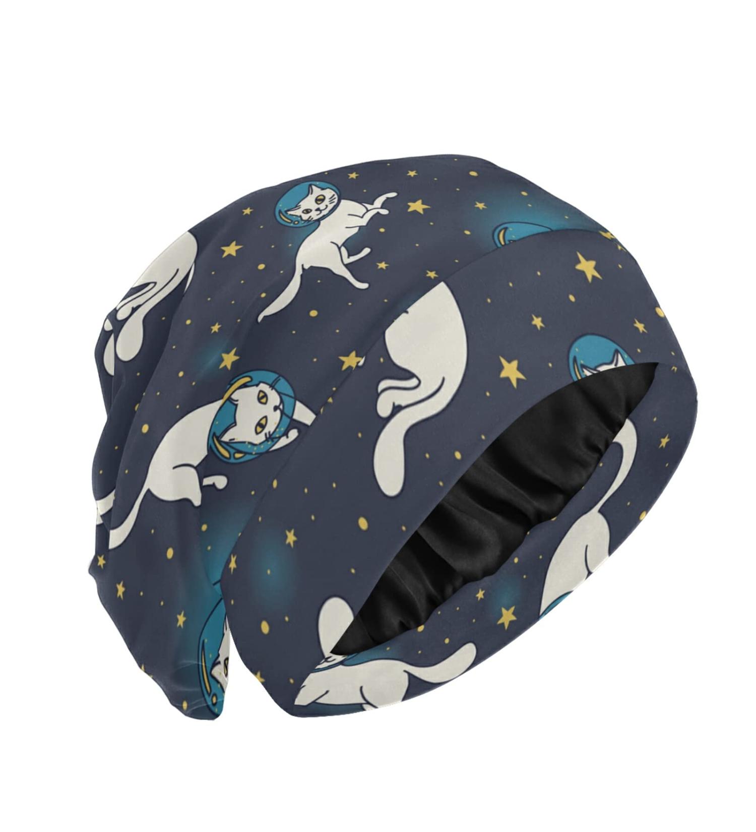 ZZAEO Cute Cat Astronauts Space Float Sleep Cap | Double Layer Satin Bonnet for Women - Buy Online on GoSupps.com