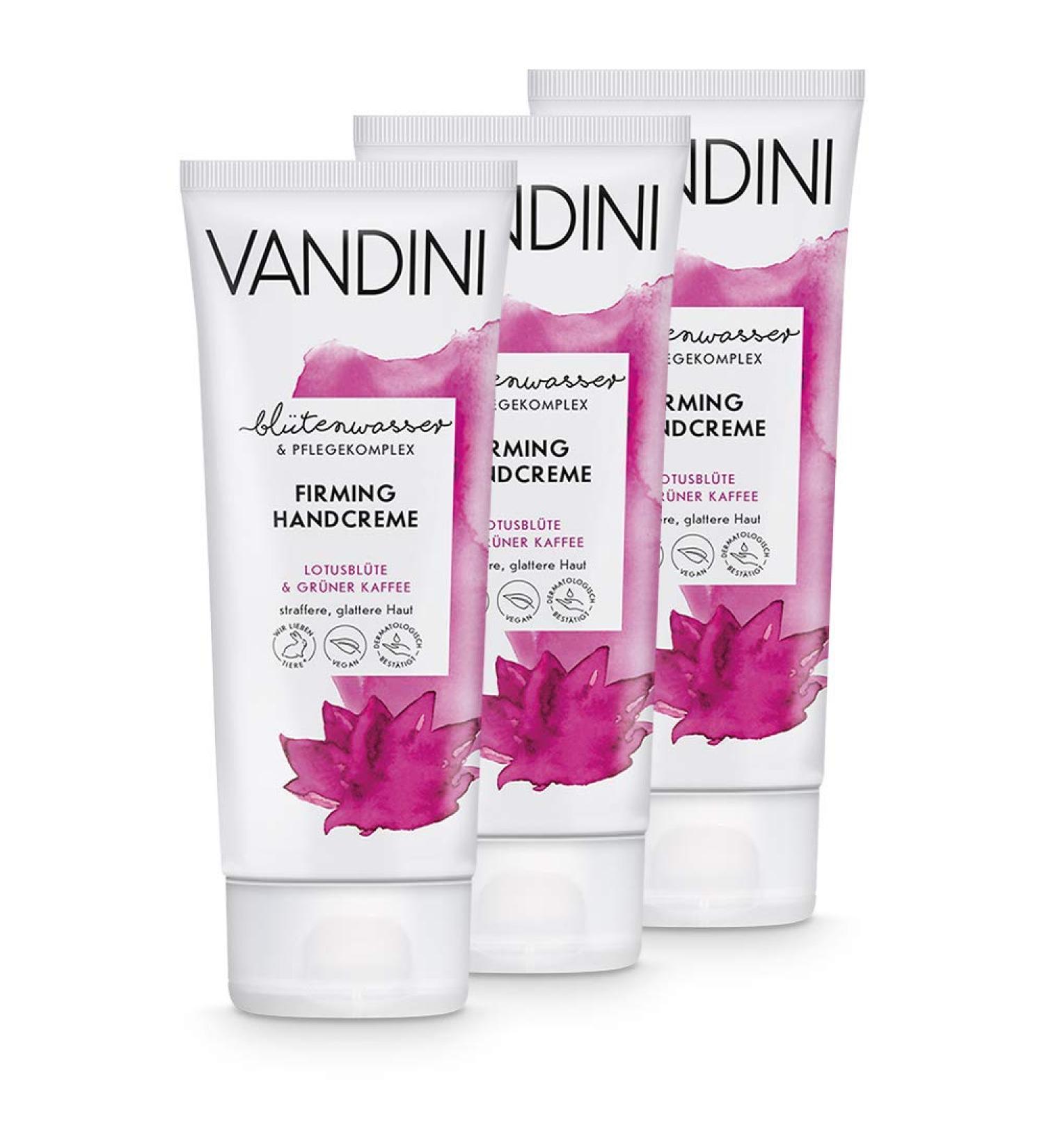 Vandini Firming Hand Cream for Women - Lotus Blossoms & Green Coffee - Vegan Skin Care - Skin-Tightening Intensive Cream - 3x75ml - Paraben & Silicone Free - Buy Online on GoSupps.com