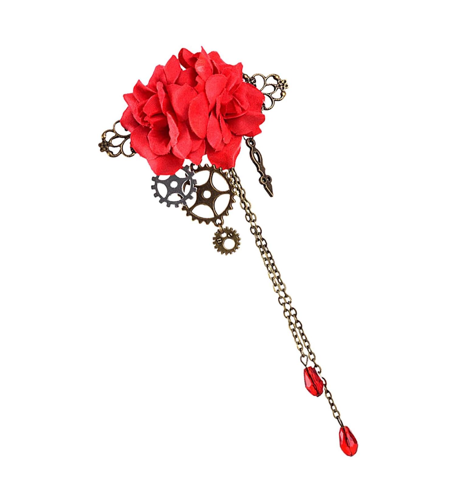 Maciun Steampunk Hair Clip - Flower Hair Clips Steampunk Hair Clips with Tassels Chain Rose Flower Hair Clip Vintage Gothic Hair Accessories for Women Red - Buy Online on GoSupps.com