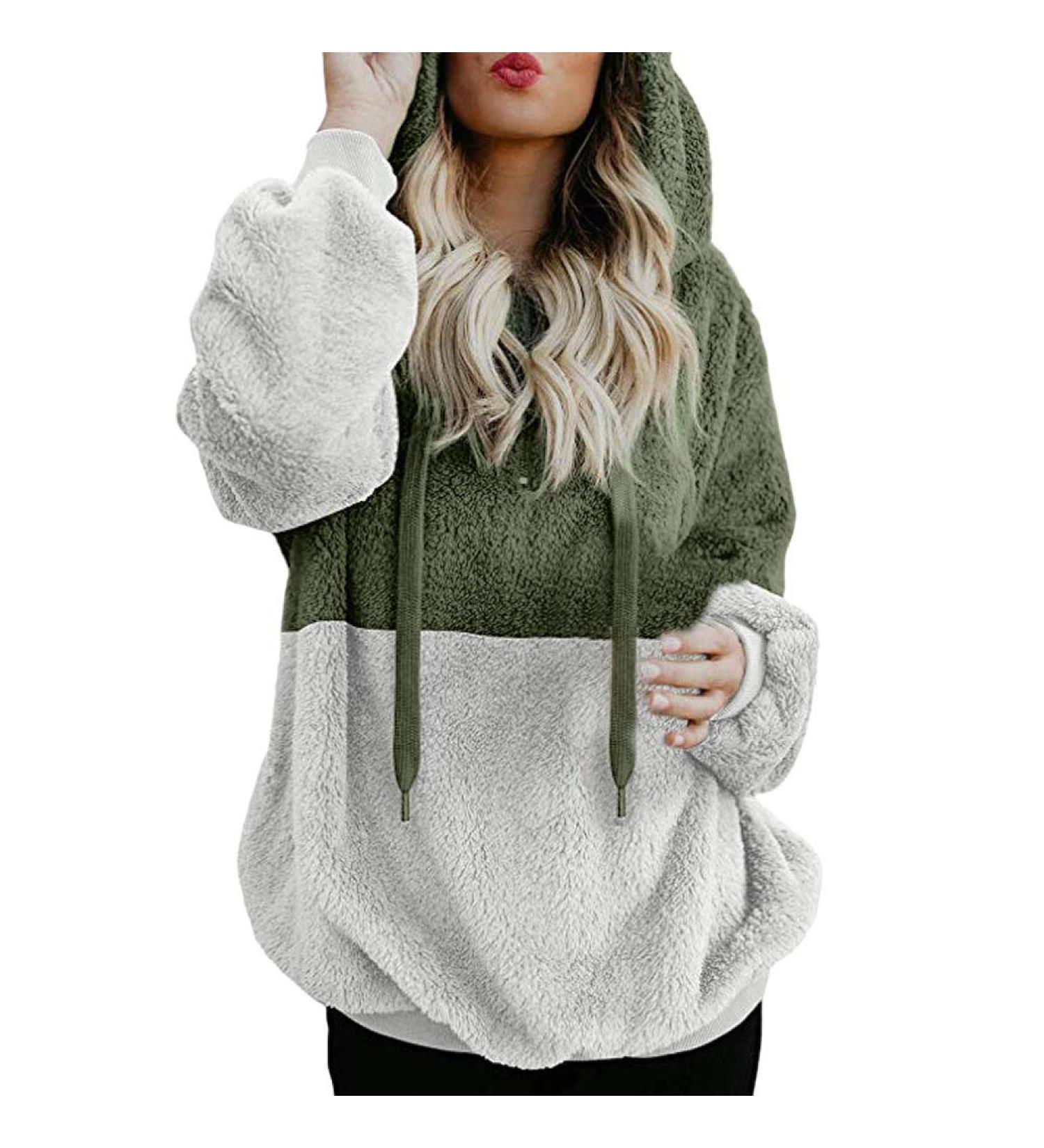 Bigfanshu Womens Long Sleeve Tops Hooded Sweatshirt Winter Warm Zipper Pocket Pullover Blouse Shirts Green - Buy Online on GoSupps.com