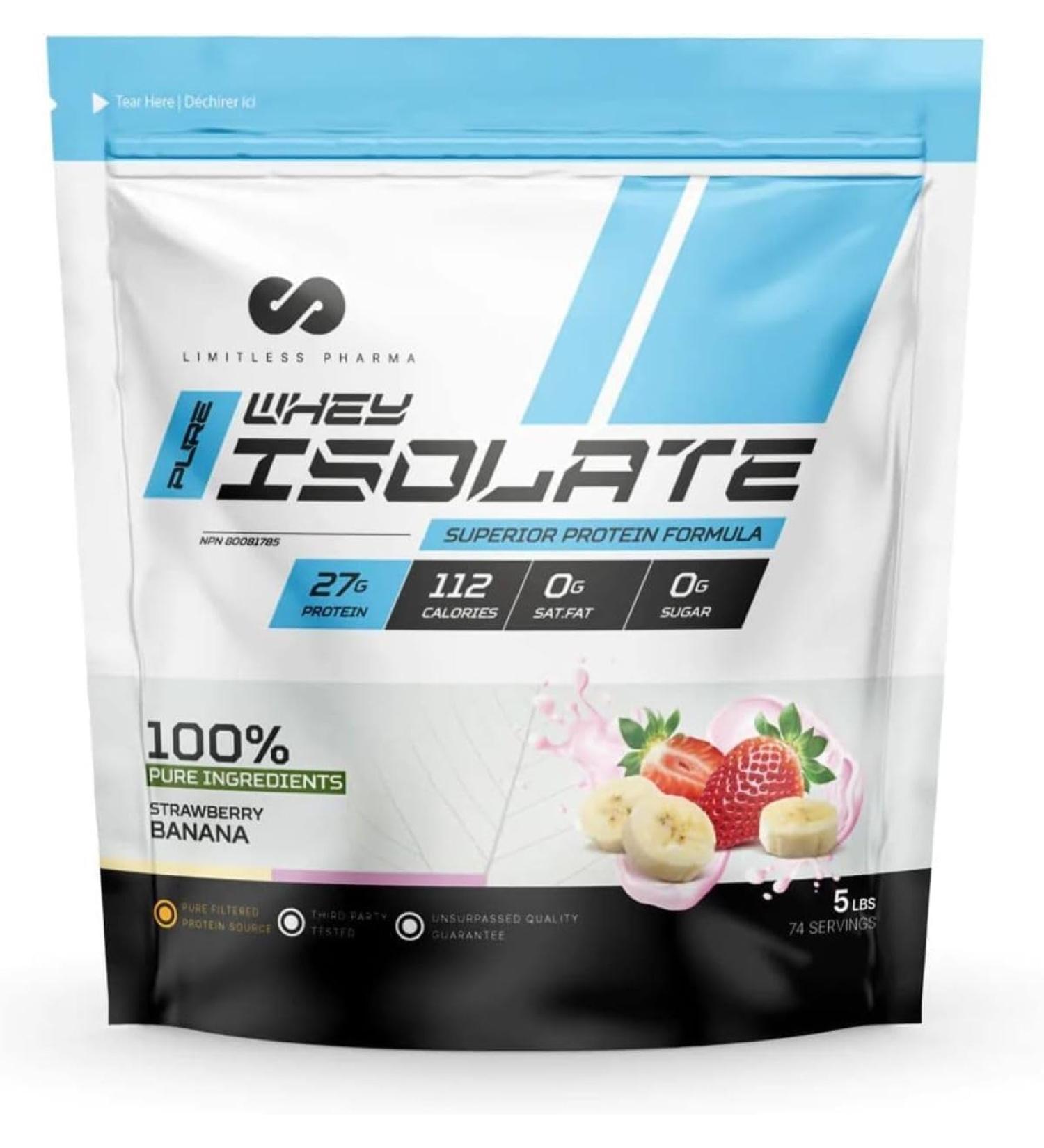 Limitless Pharma Pure Whey Isolate | High Protein Whey Isolate Protein Powder | 27g Protein 6g BCAAs Sugar Free Gluten Free Low Carb Low Lactose | 74 Servings 5LB (Strawberry Banana) Strawberry Banana 5LB - Buy Online on GoSupps.com