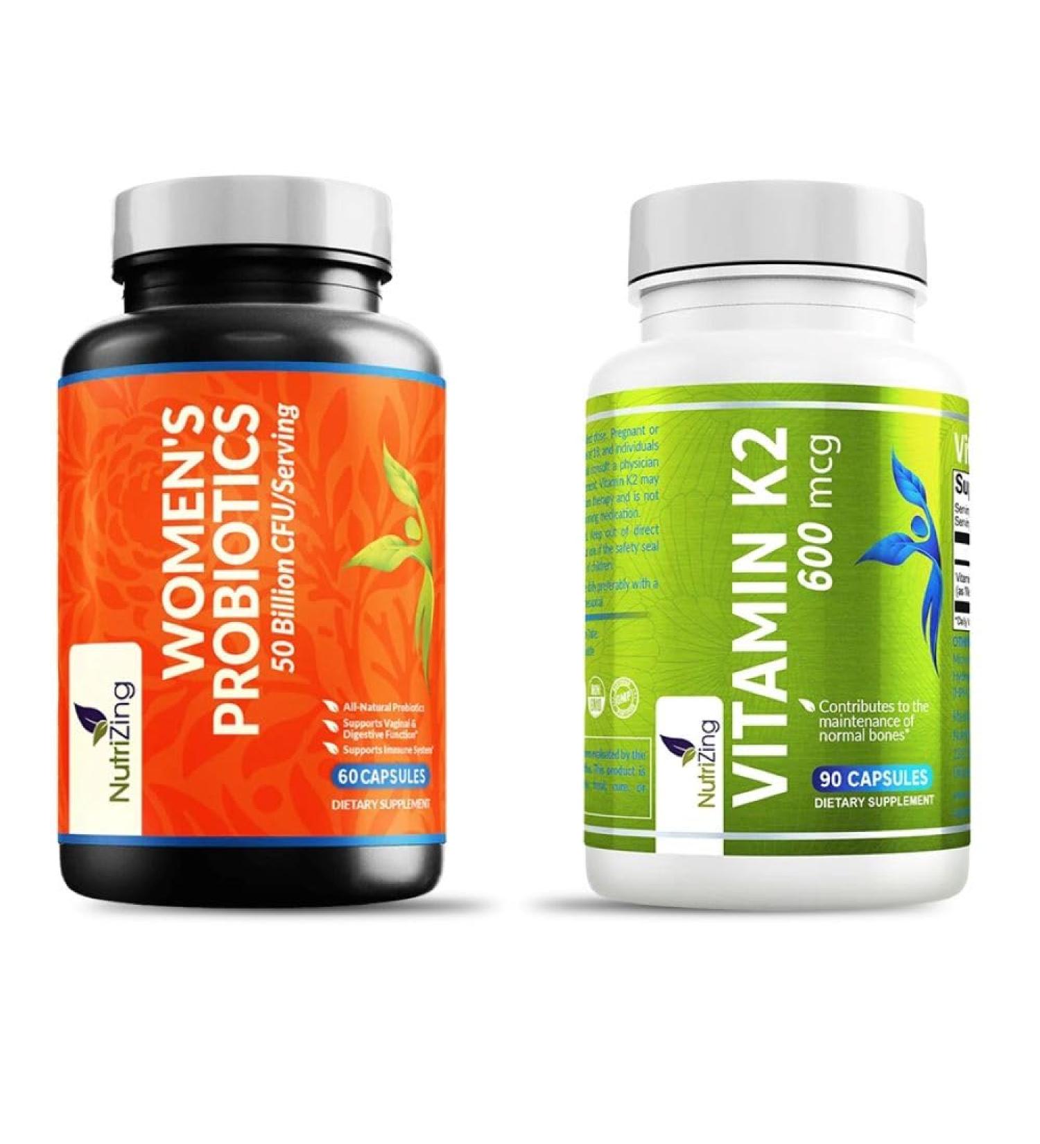 NutriZing Women's Wellness Bundle High Strength Vitamin K2 MK-7 600mcg + 50 Billion CFU Probiotics Bone Heart Gut & Feminine Health 150 Vegan Capsules - Buy Online on GoSupps.com