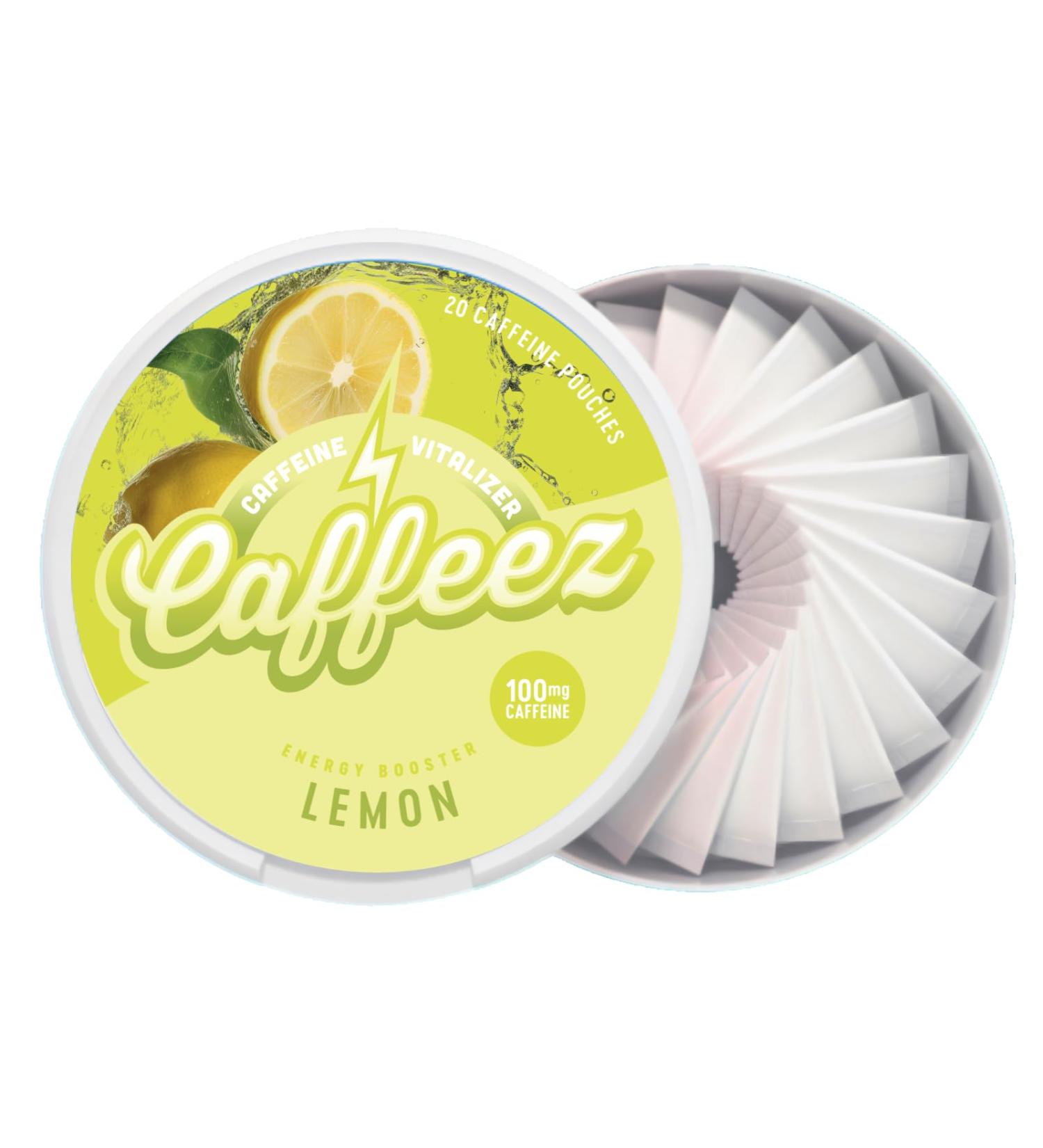 CAFFEEZ VITALIZER CAFFEINE - Energy Pouches | Caffeine Pouches | 50mg Natural Caffeine | 250mg Guarana | 0 Calories | 0 Sugar | 20 Pouches Per Can | 1 Tin or 1 Sleeve (1 Tin Lemon)