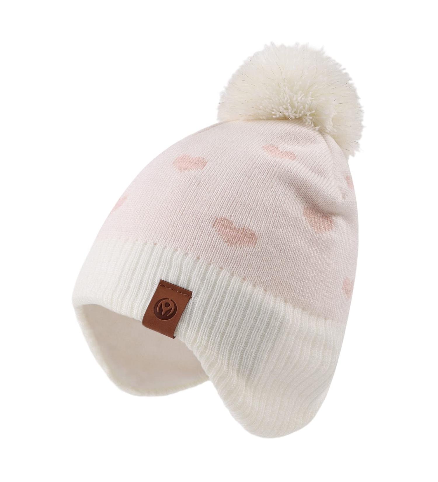 XIAOHAWANG Knitted Baby Hat with Fleece Lining and Pompom - White Heart Design | Toddler Kids Beanie for Winter | 2-4 Years - Buy Online on GoSupps.com