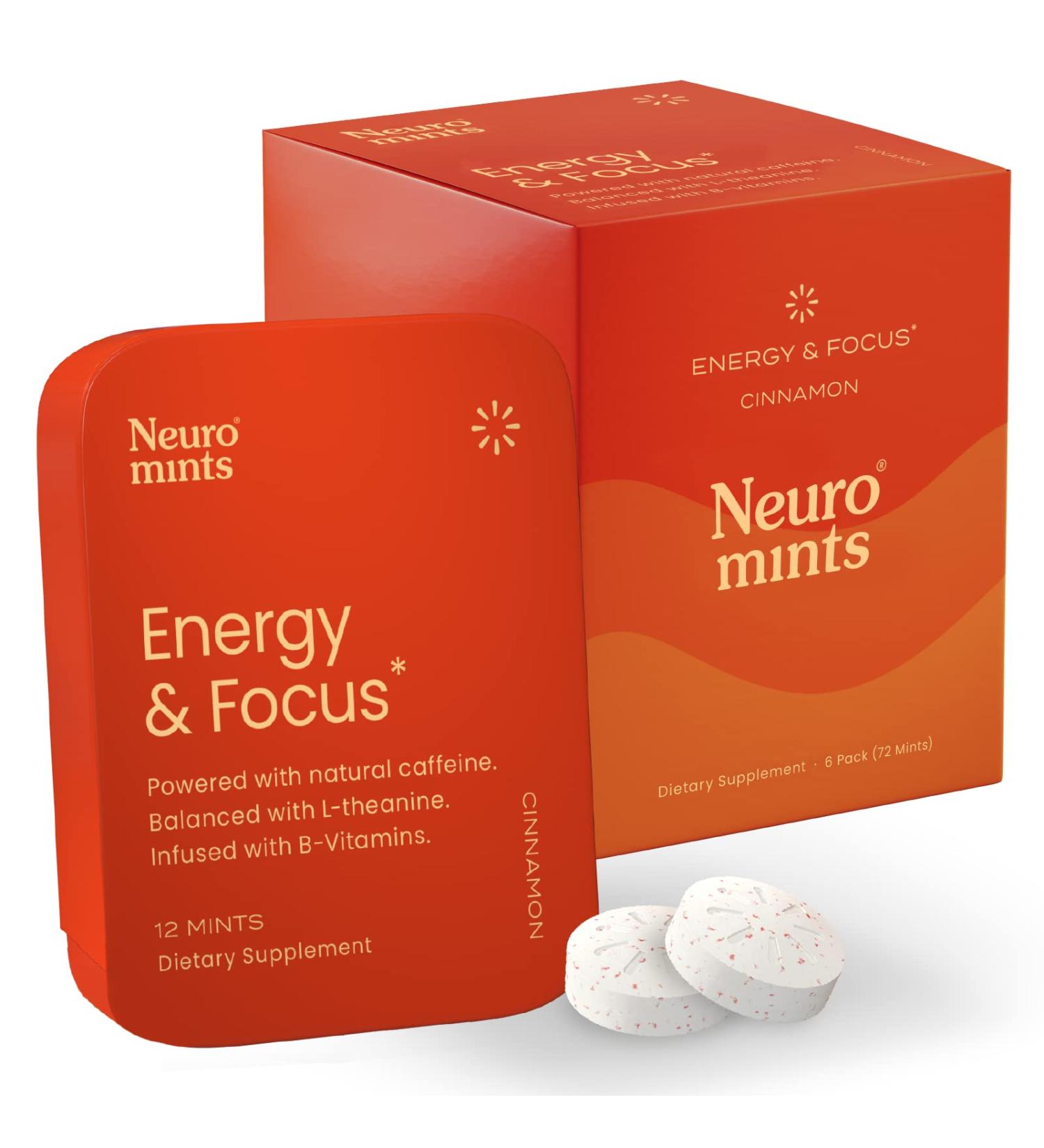 Neuro Nootropic Energy Mints - Cinnamon Flavor | 40mg Caffeine + 60mg L-theanine + B Vitamins | Sugar Free, Gluten Free, Vegan | 72 Pieces - Buy Online on GoSupps.com