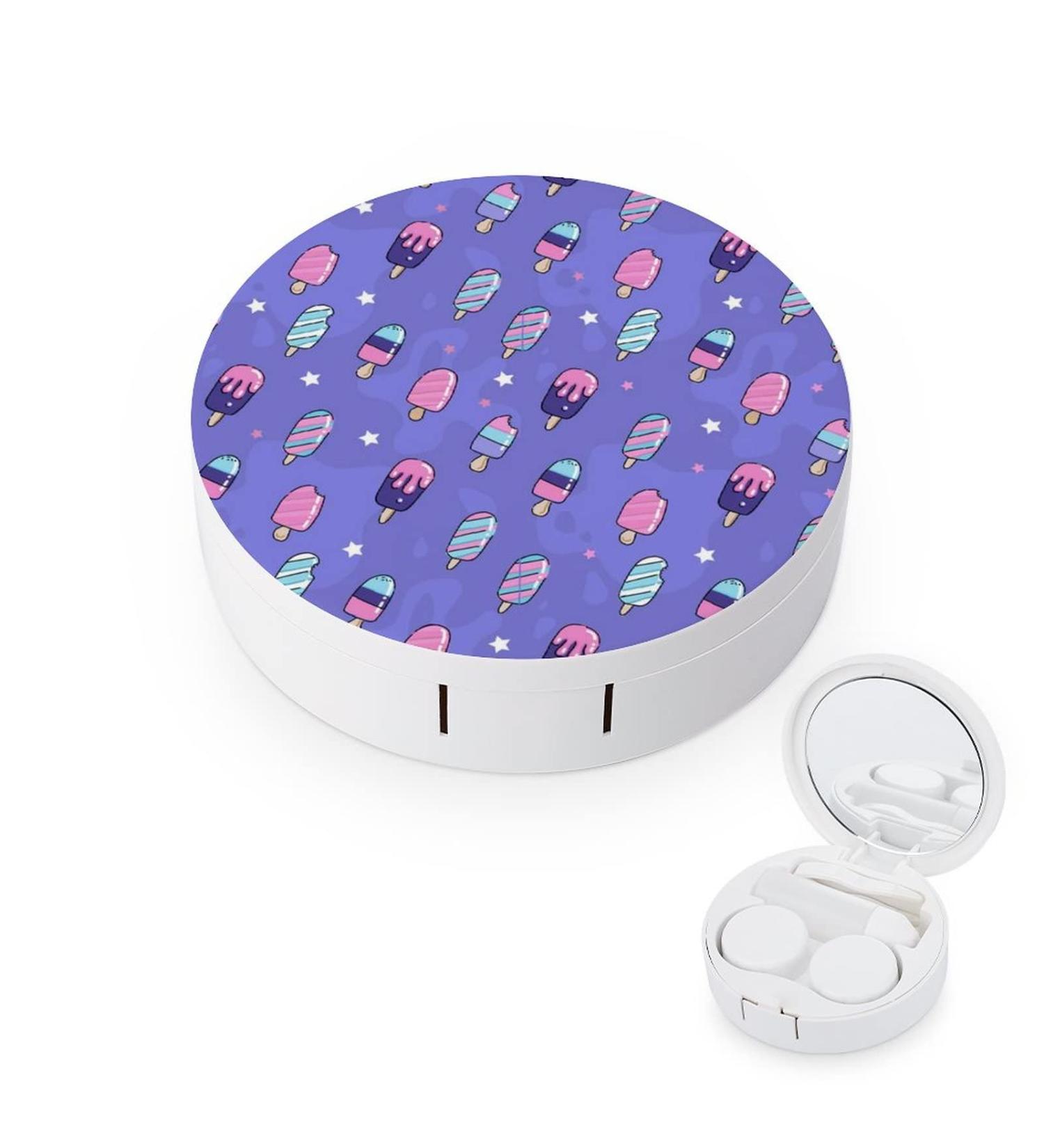 Cute Pink And Violet Round Case For Contact Lens Kit Storage Box with Mirror Printed - Buy Online on GoSupps.com