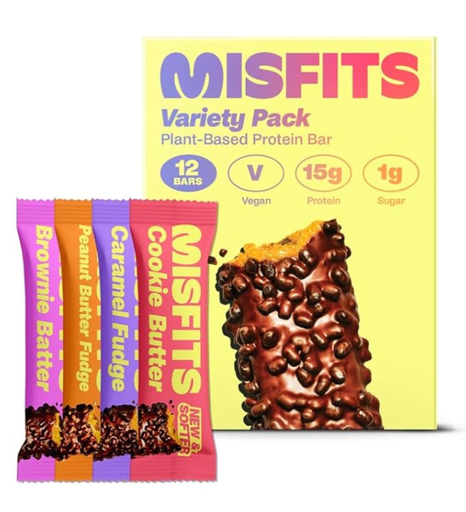 Misfits Vegan Protein Bars - Updated Recipe | Plant Based, Low Sugar & Carb, High Fiber Snacks | Variety Pack of 12 (4 Flavors) - Buy Online on GoSupps.com