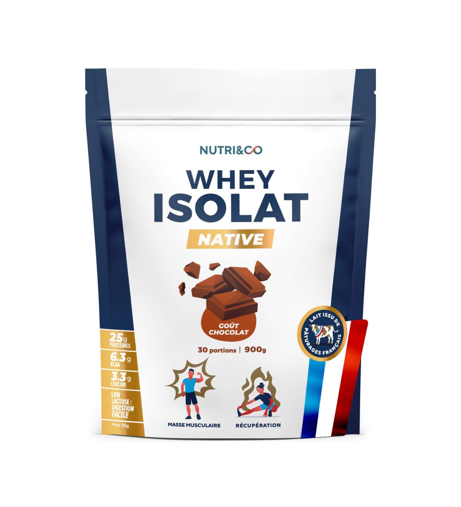 NUTRI & CO Whey Isolate Native - Jusqu 94% de Prot ines - Pur Lait Fran ais Low Lactose Digestion Facile - Riche en BCAA - Prise de Masse & Musculation - 900gr 30 portions go t Chocolat - Buy Online on GoSupps.com