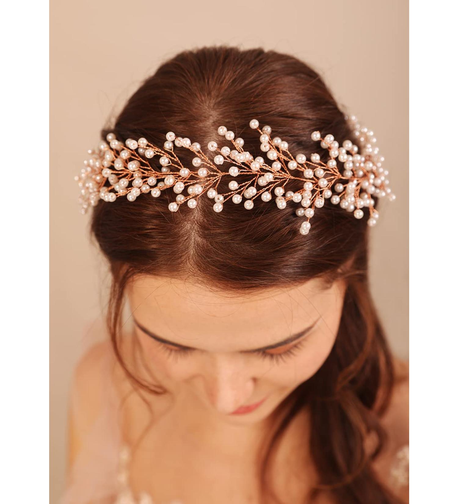 Deniferymakeup Pearl Bride Wedding Hair Vine Pearl Bridal Hair Accessories Wedding Headpiece for Women and Girls (Gold) - Buy Online on GoSupps.com