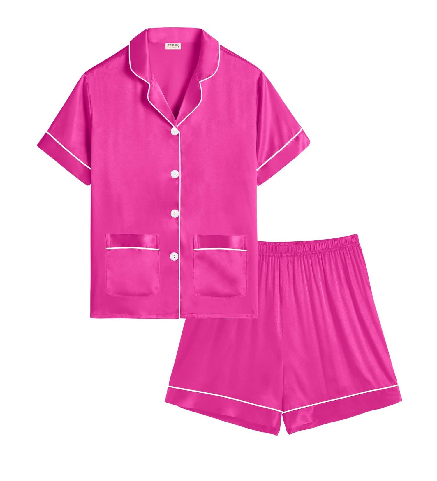 SWOMOG Kids Satin Pyjamas Set - 6-7 Years Rose Red | Short Sleeve 2 Piece Lounge Set for Girls Boys - Buy Online on GoSupps.com