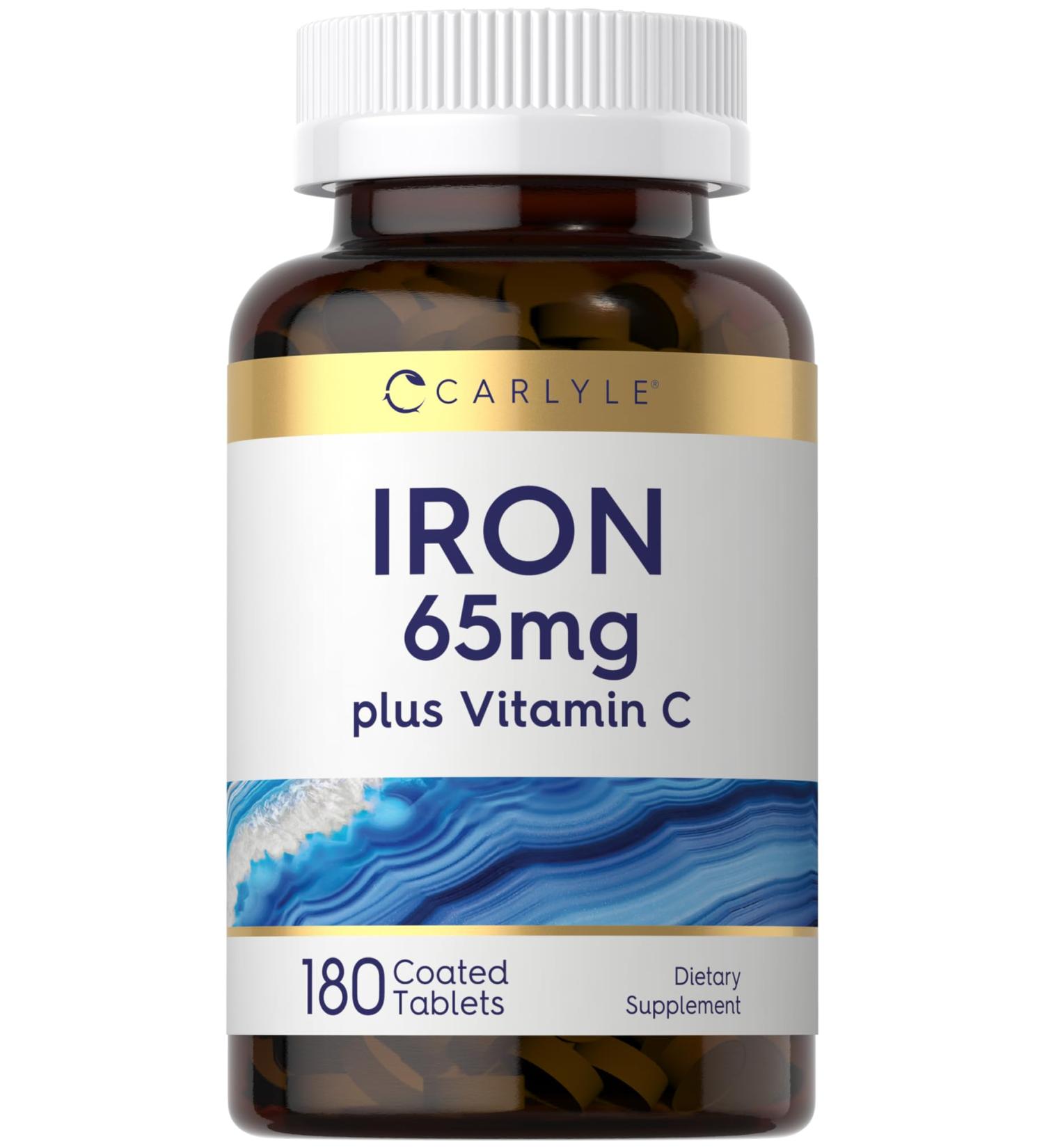Carlyle Iron Supplement 65 mg with Vitamin C | 180 Tablets | 300mg of Vitamin C | Vegetarian Non-GMO and Gluten Free - Buy Online on GoSupps.com