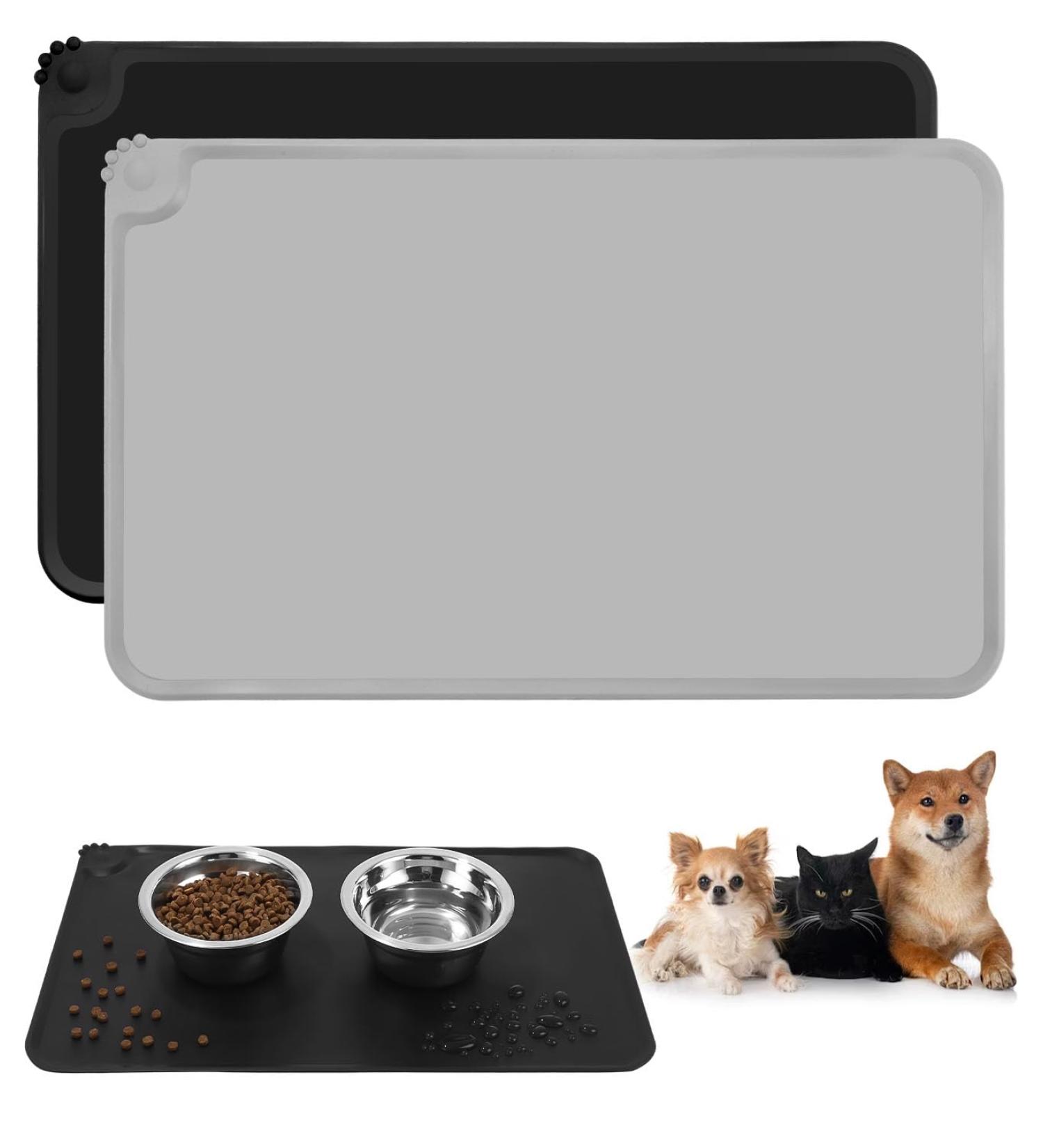 Waterproof Non-Slip Silicone Feeding Mat Set for Dogs & Cats - 55x38cm Black & Gray - Anti-Slip Pet Bowl Pad - Buy Online on GoSupps.com